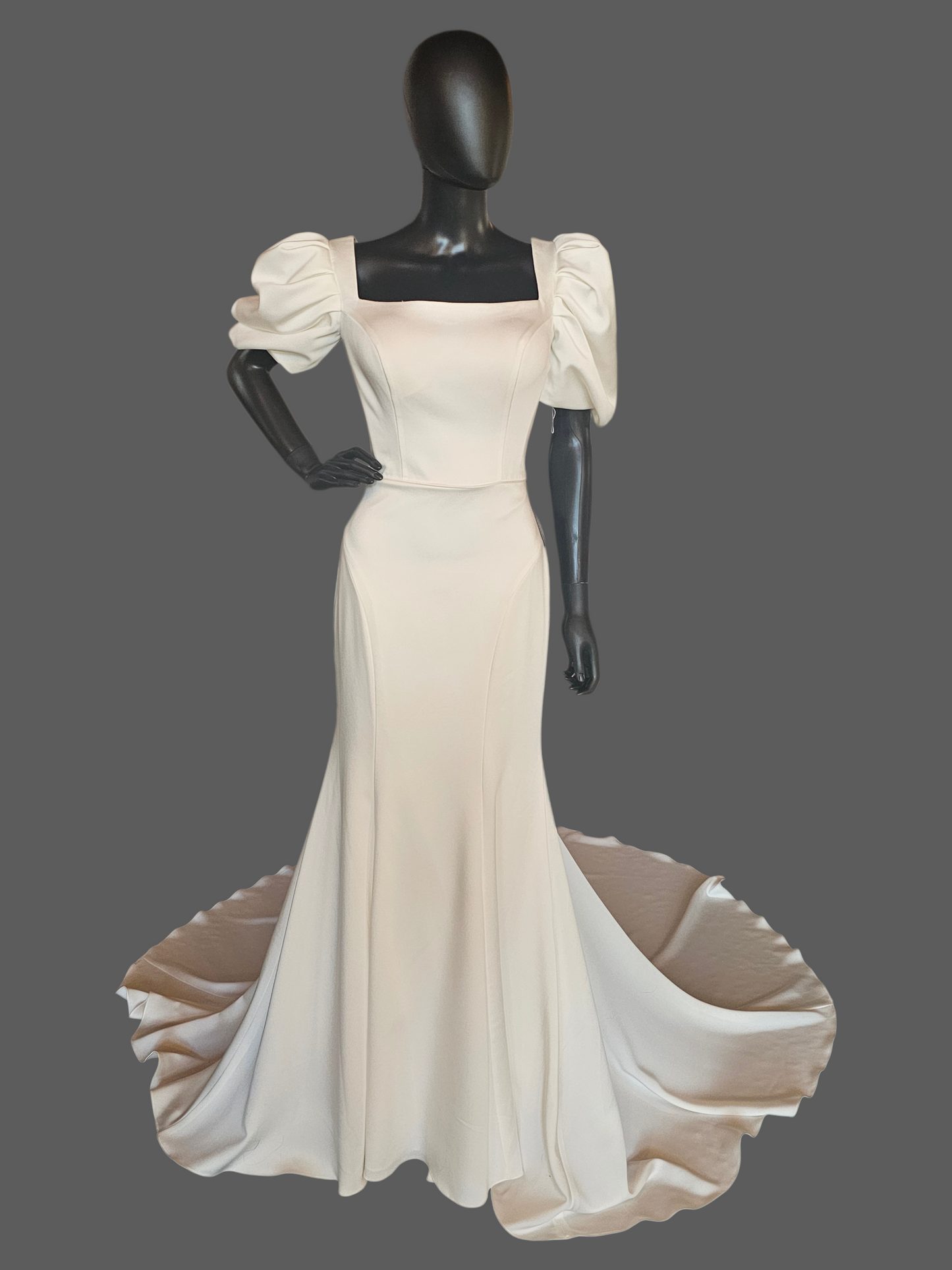 Ivory Silky Satin Fitted Square Neck Puff Sleeve Minimalist Wedding Gown - Casablanca