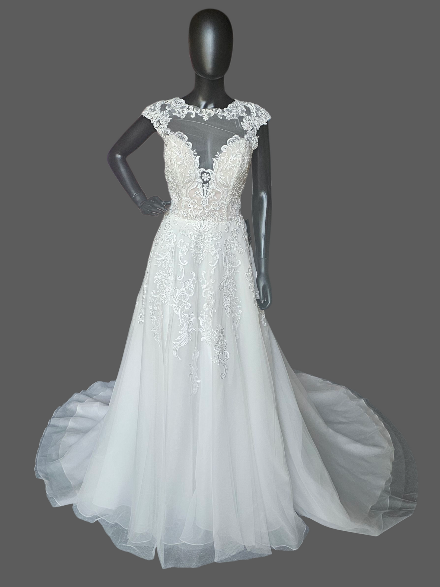 Ivory Illusion Cap Sleeve A-Line Net Wedding Gown - Mori Lee