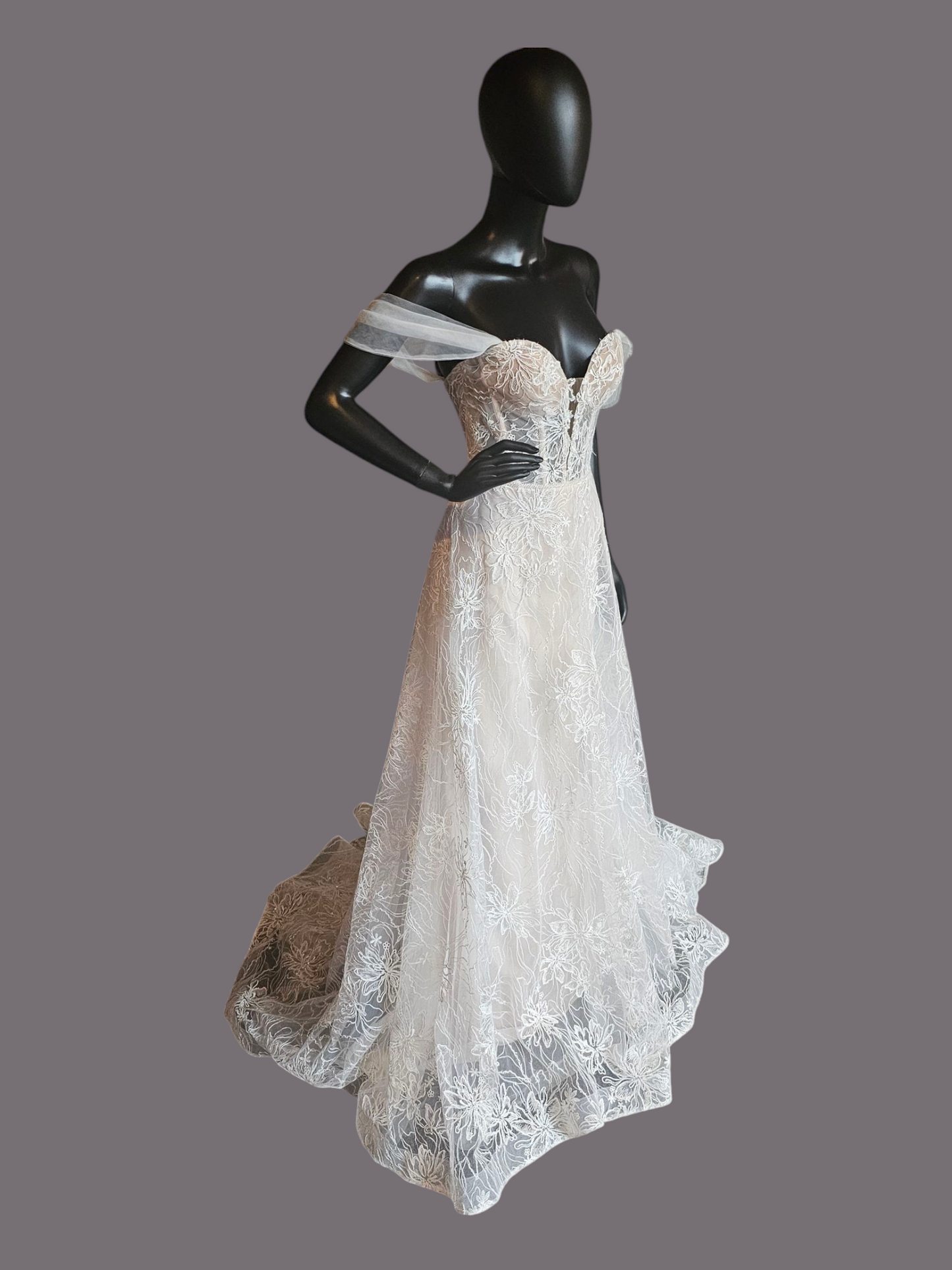 Natural Waist Off Shoulder Vintage Rose Embroidered Wedding Gown