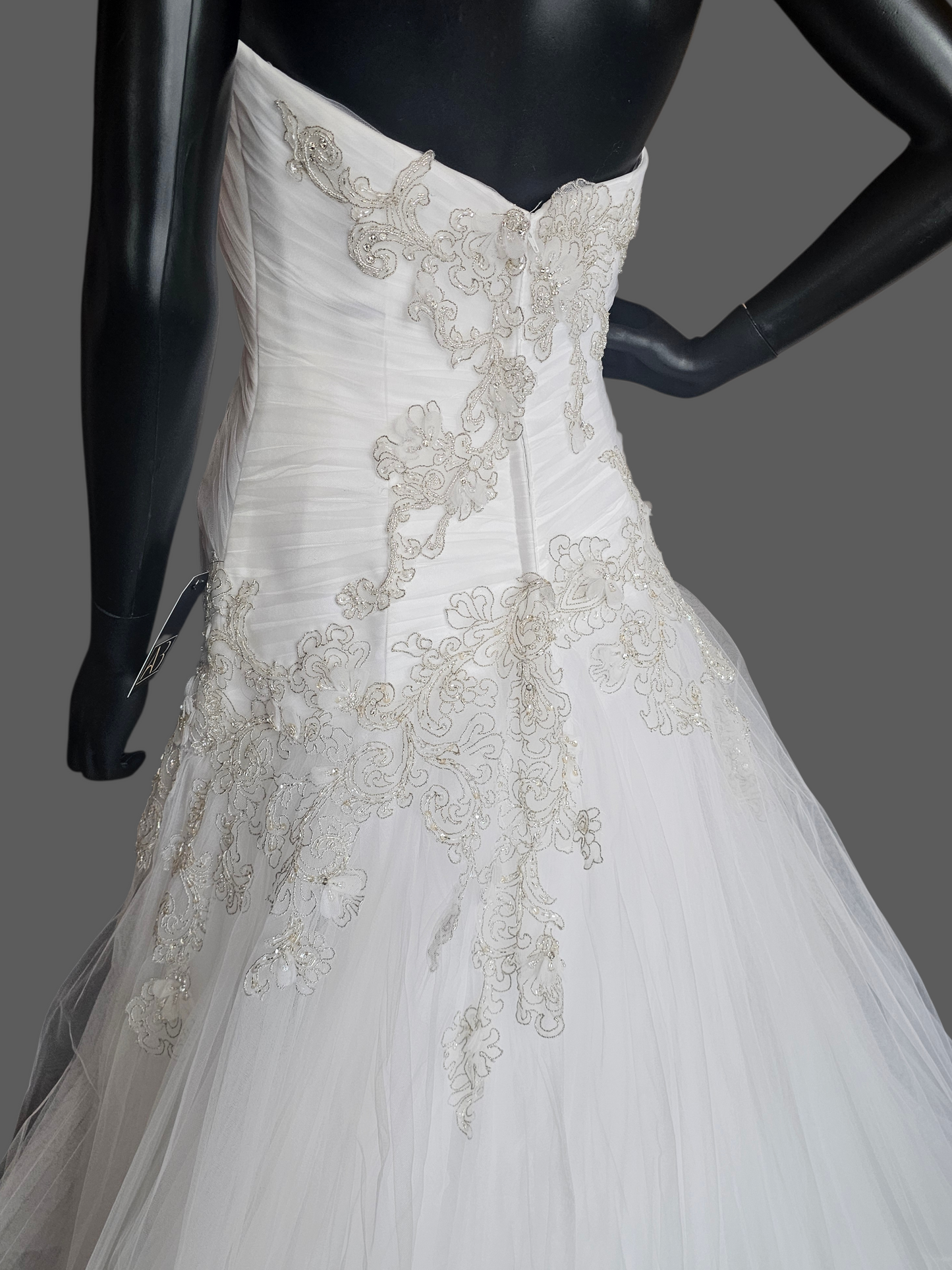 White Tulle Asymmetrical Drop Waist Silver/Gold Embroidered Strapless Wedding Gown - Casablanca