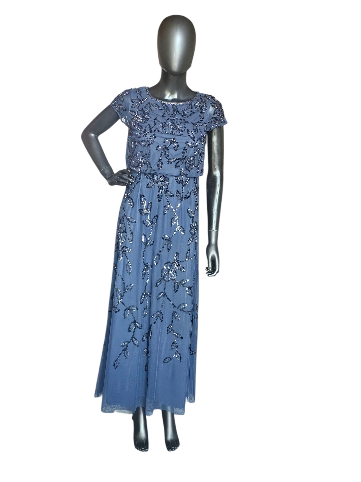 Navy Floral Blouson Cap Sleeve Formal Dress - Adrianna Papell