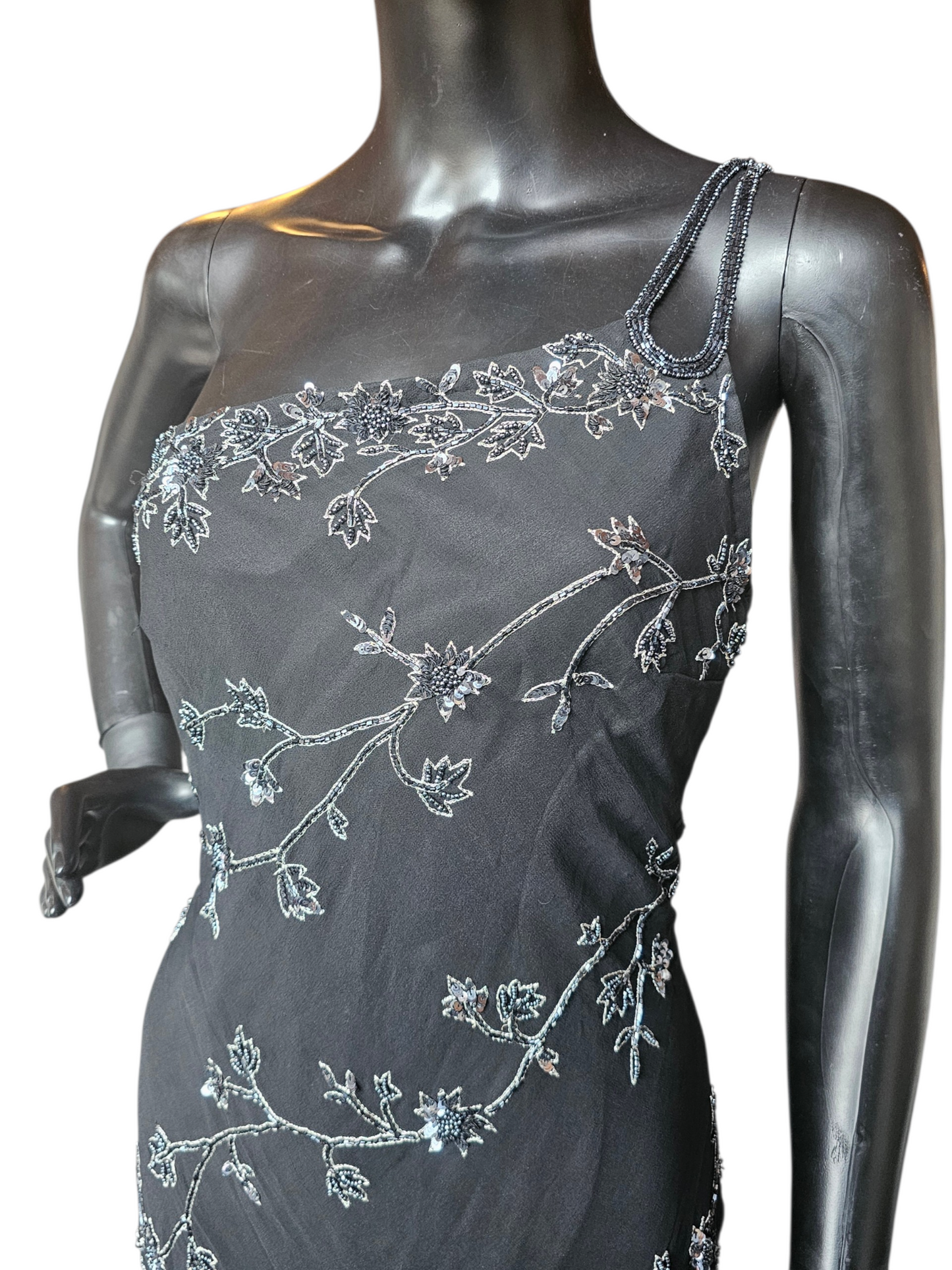 100% Silk Vintage Black Beaded Asymmetrical HighLow Dress - Scala