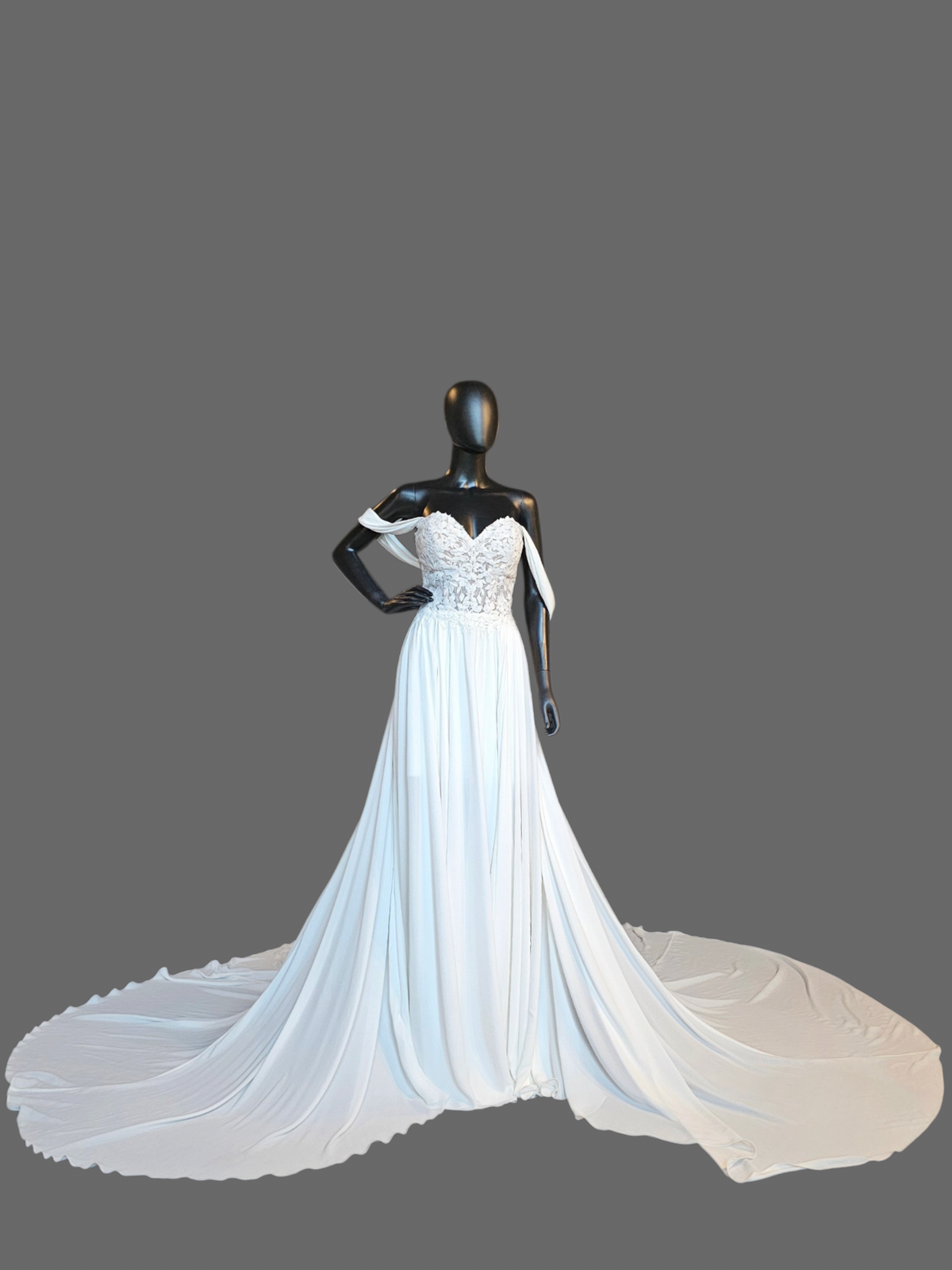 White Lace Drape Shoulder Butter Chiffon Wedding Gown - Dreams
