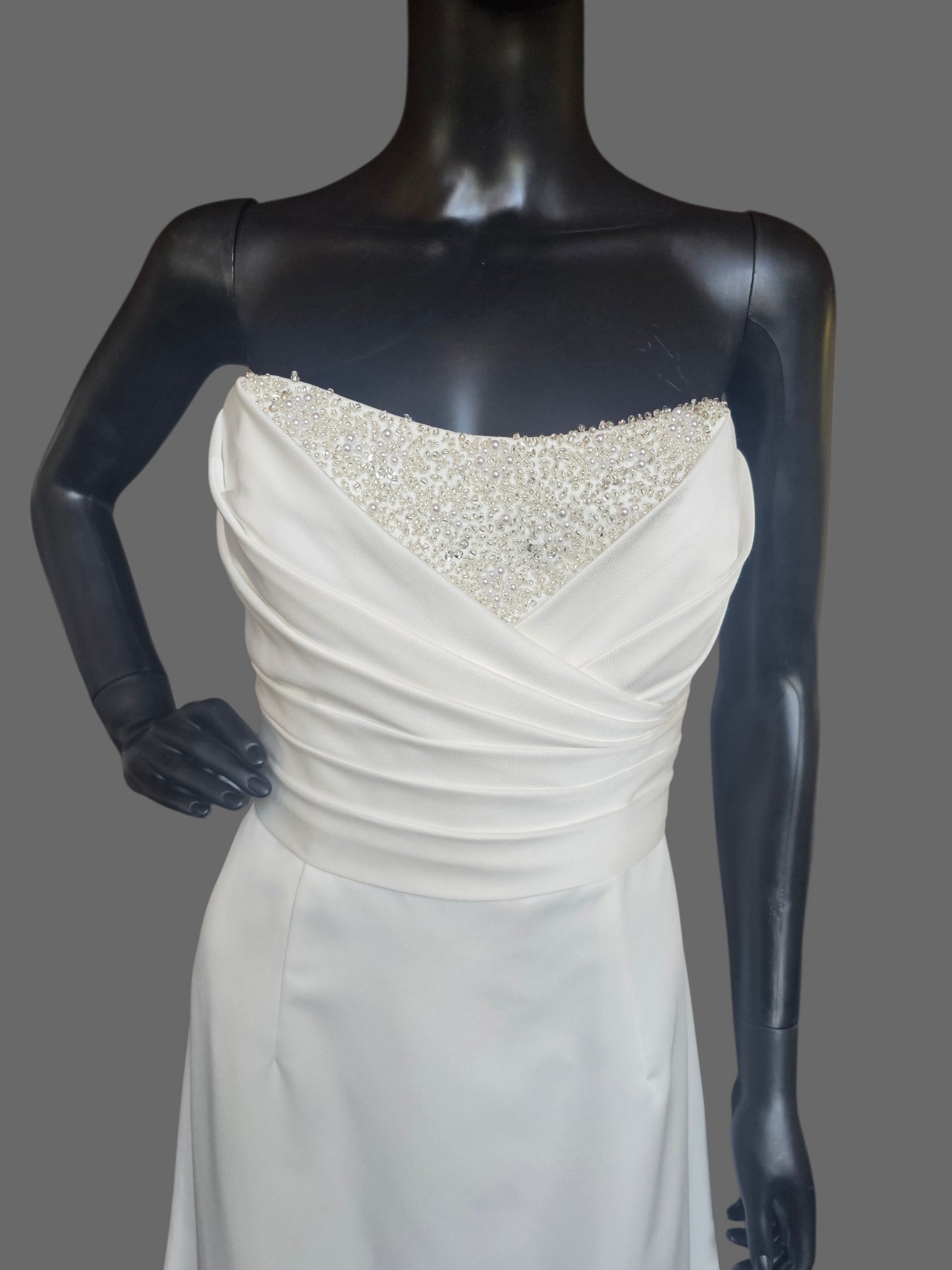 Cream Silky Satin Strapless Beaded Side Sweep Wedding Gown - Alfred Angelo