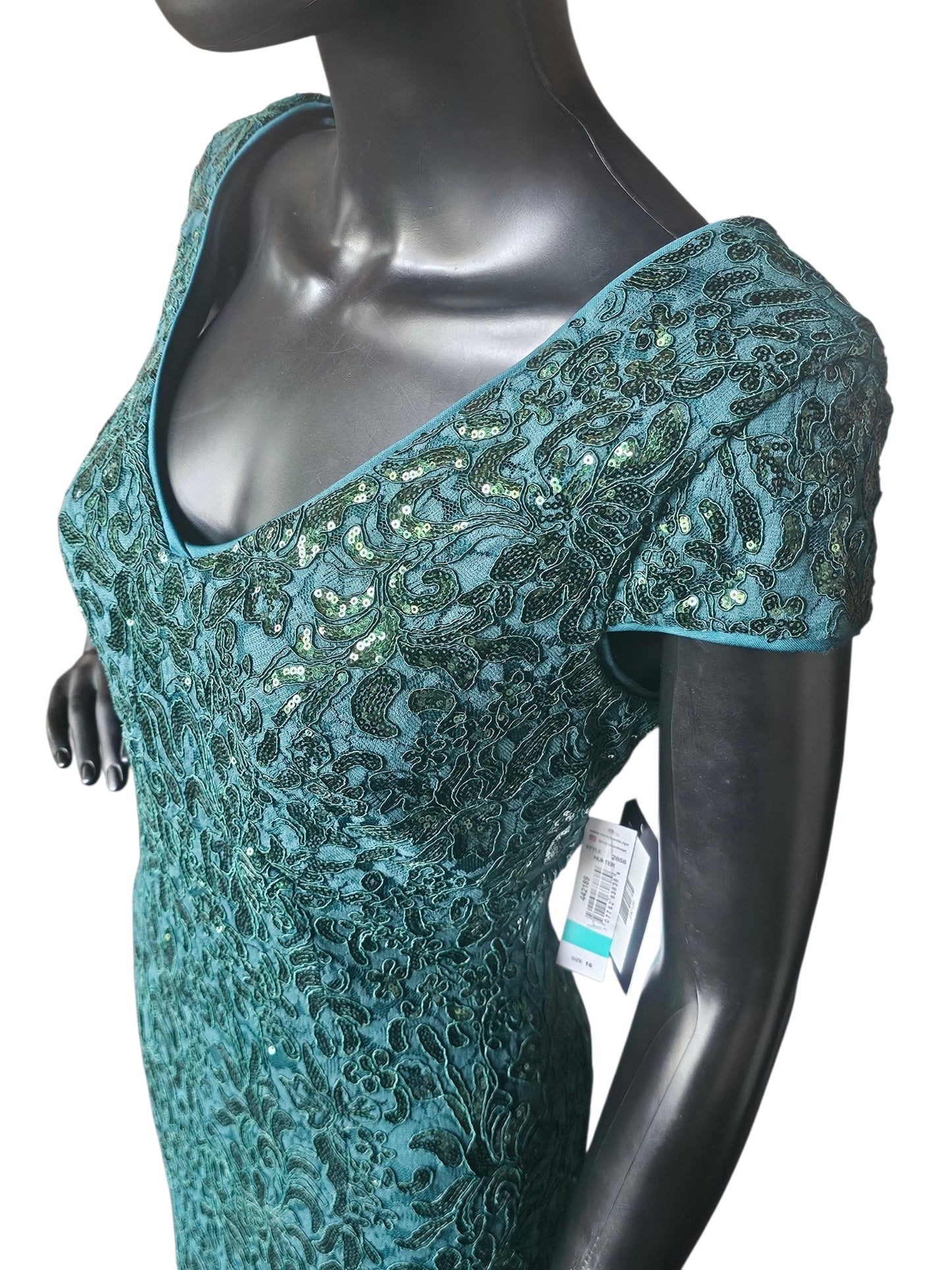 Hunter Green Floral Sequin Detail Cap Sleeve Full Length Formal Dress - R & M Richards