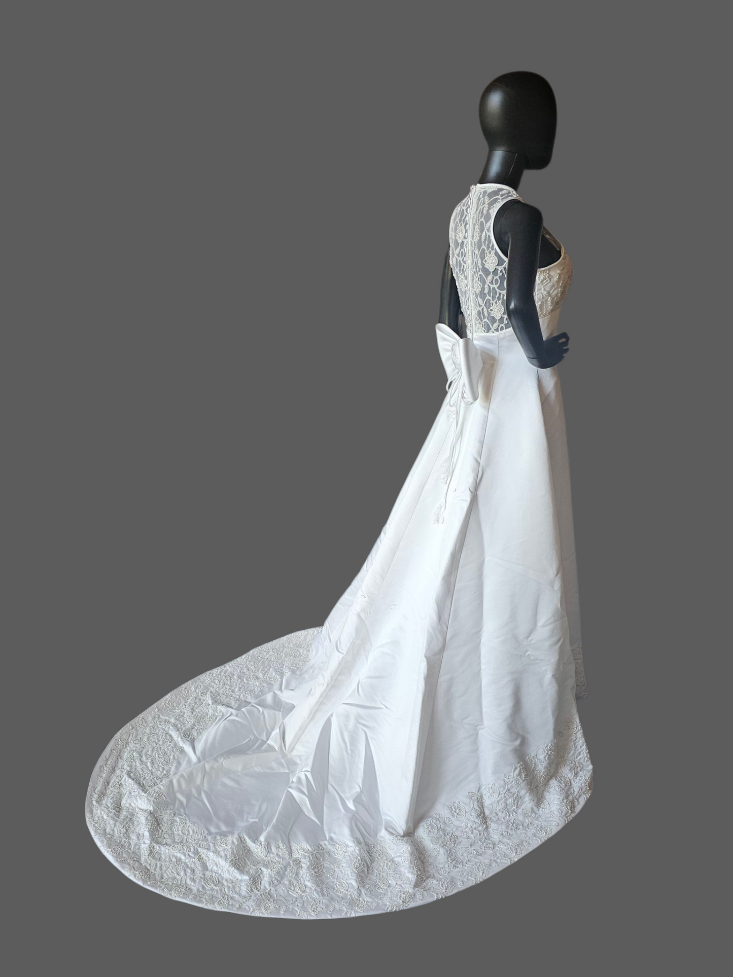 Vintage Halter Illusion Tulip Beaded Hem White Satin Wedding Dress - Venus