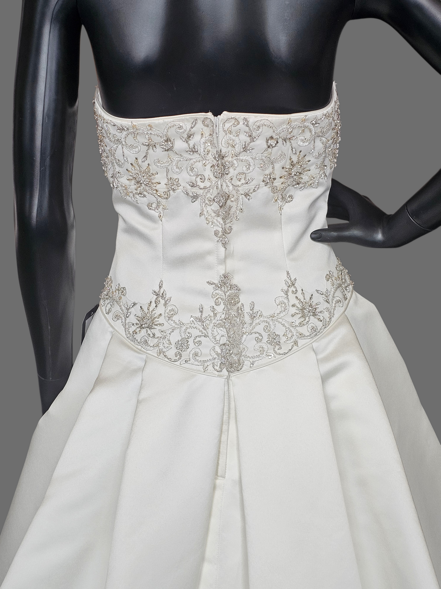 Ivory Satin Strapless Basque Waist Embroidered Wedding Gown  - Signature