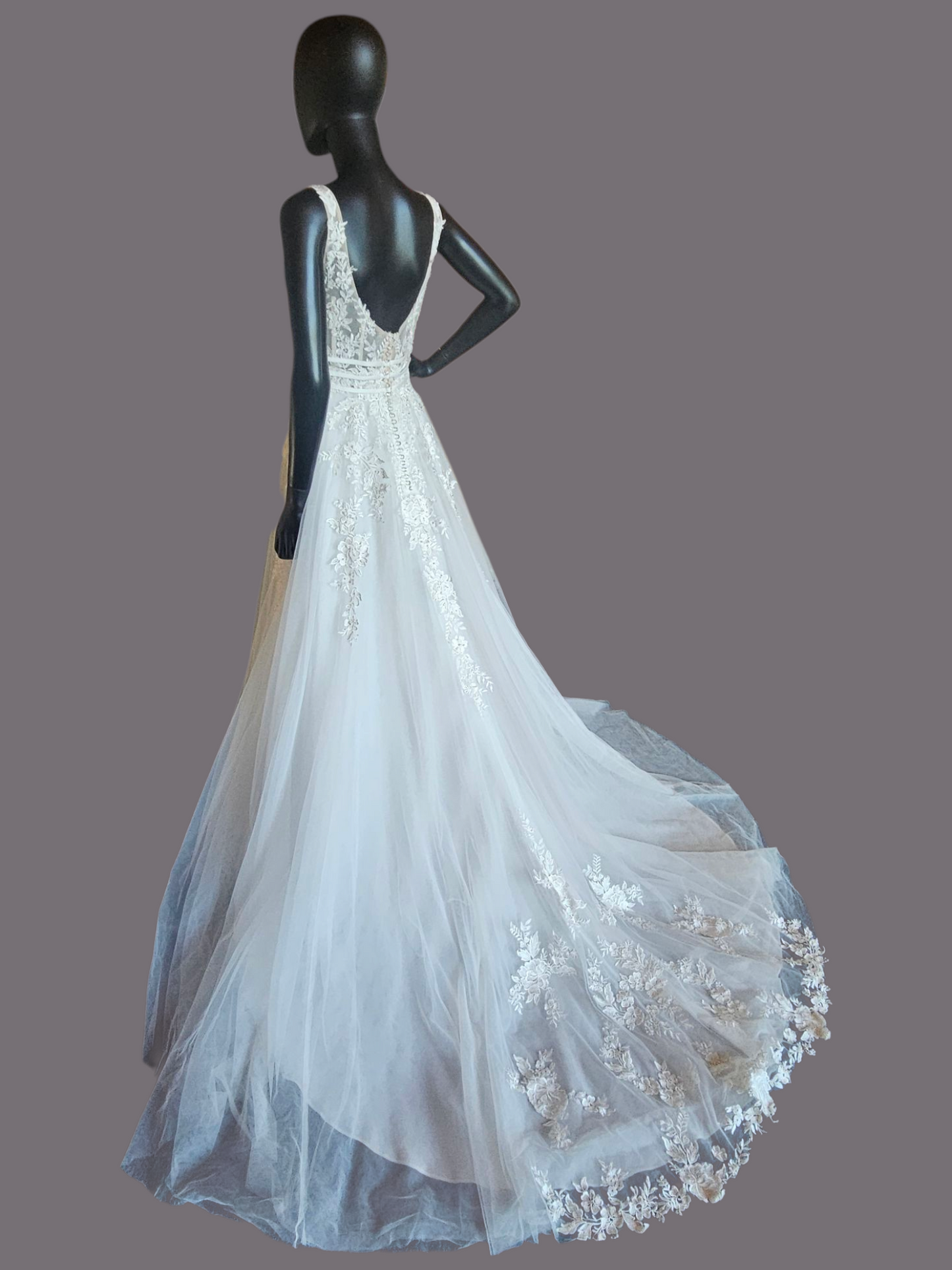 Ivory A-Line Illusion Bodice Floral Applique Wedding Gown - Bliss Bridal