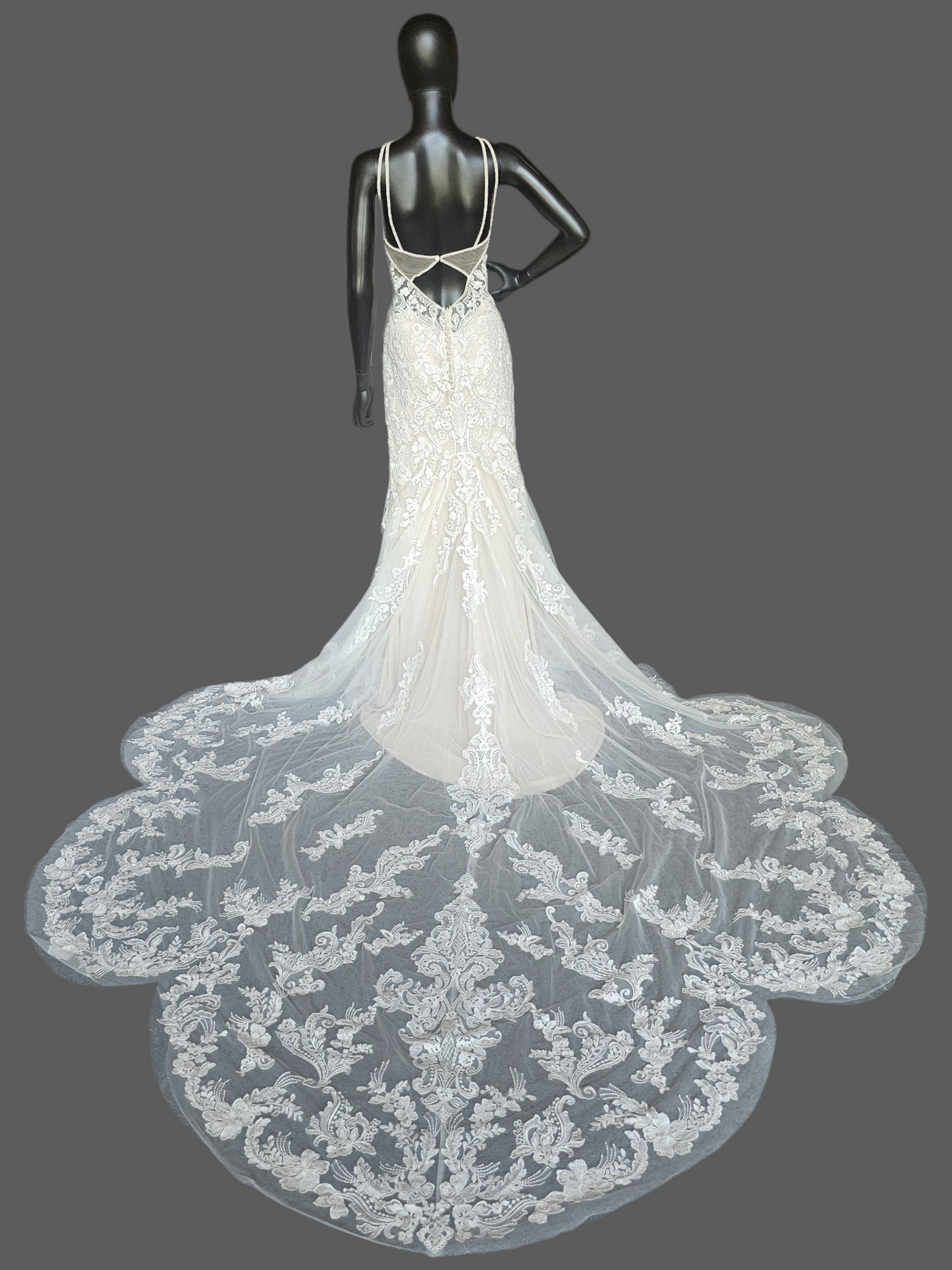 Ivory/Cappuccino Lace Halter Fit/Flare Scallop Train Wedding Gown - Mori Lee