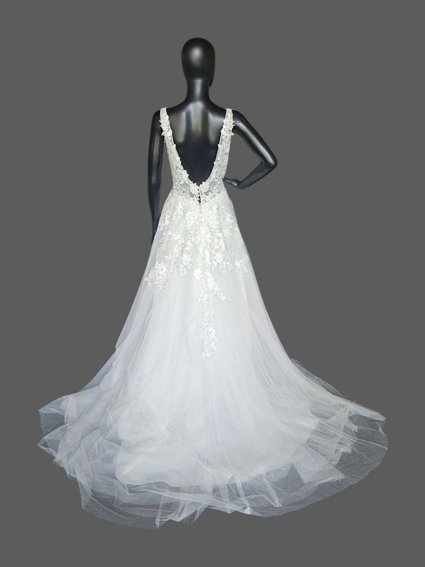 V-Neck Lace Applique Illusion Bodice A Line Wedding Gown - Petite