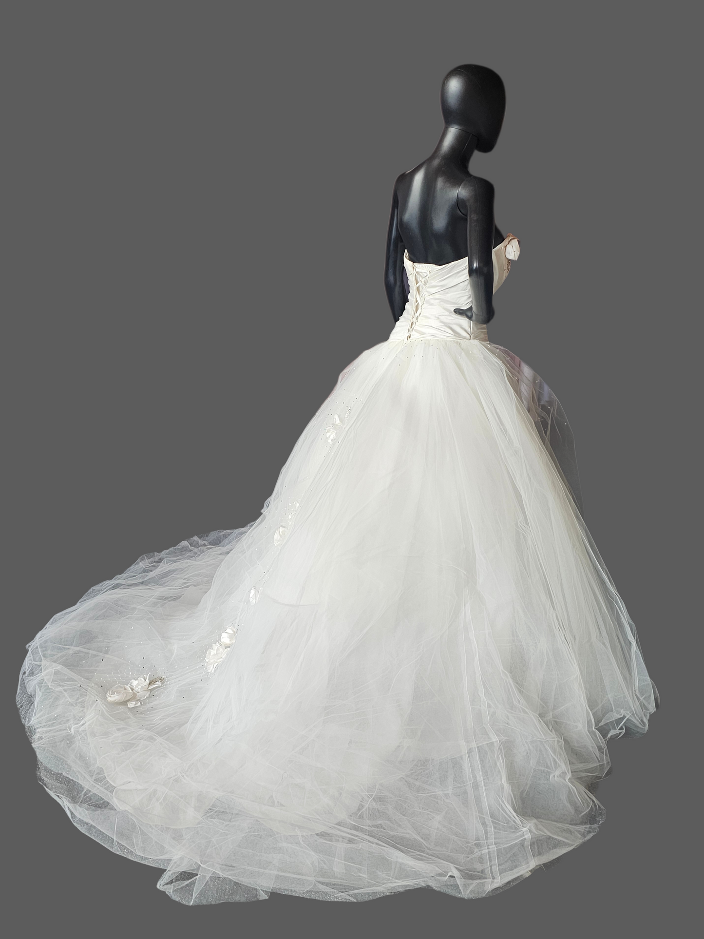 White Asymmetrical Floral Accent Wedding Ballgown - Bill Levkoff