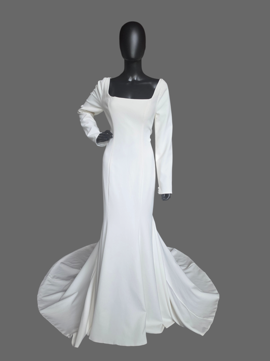Long Sleeve Scoop Neckline Fitted Crepe Illusion Back Wedding Gown - Justin Alexander
