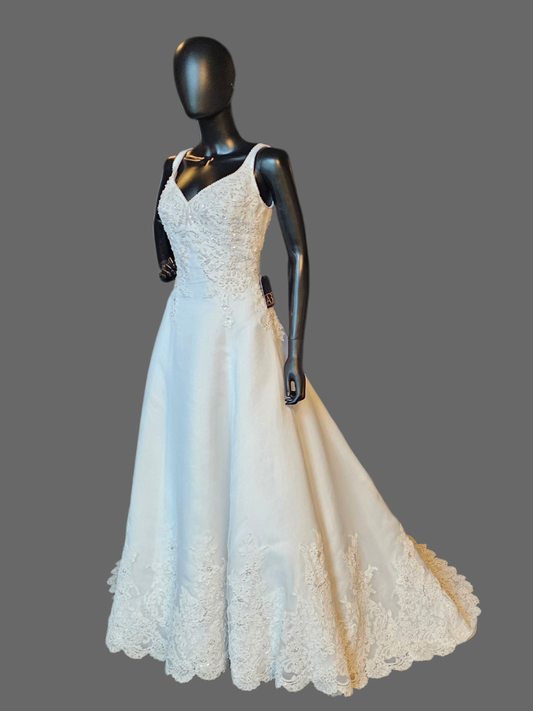 V-Neck Lace Applique Organza Wedding Gown - Oleg Cassini