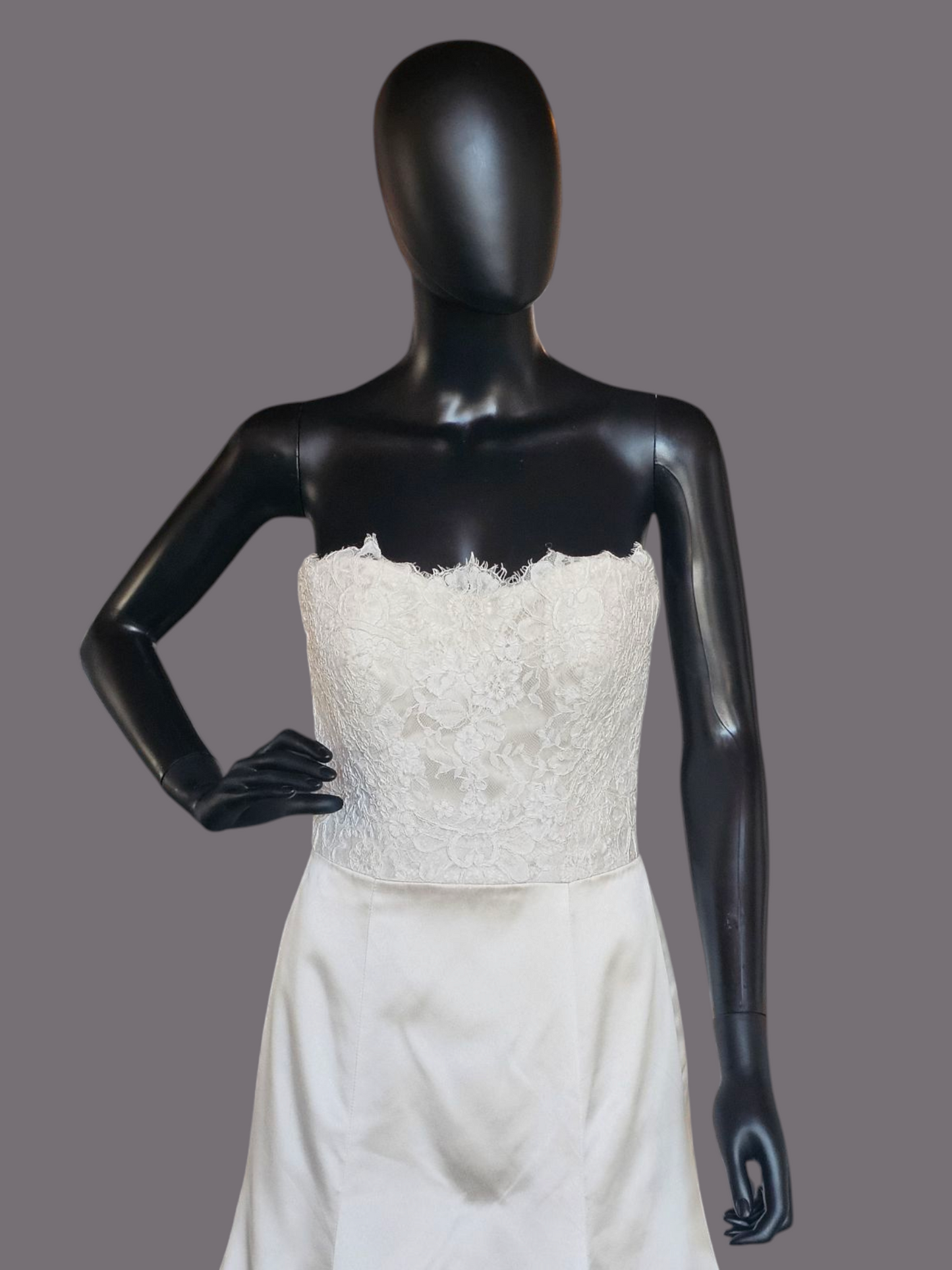 Oyster Satin/Lace Bodice Fit and Flare Wedding Gown