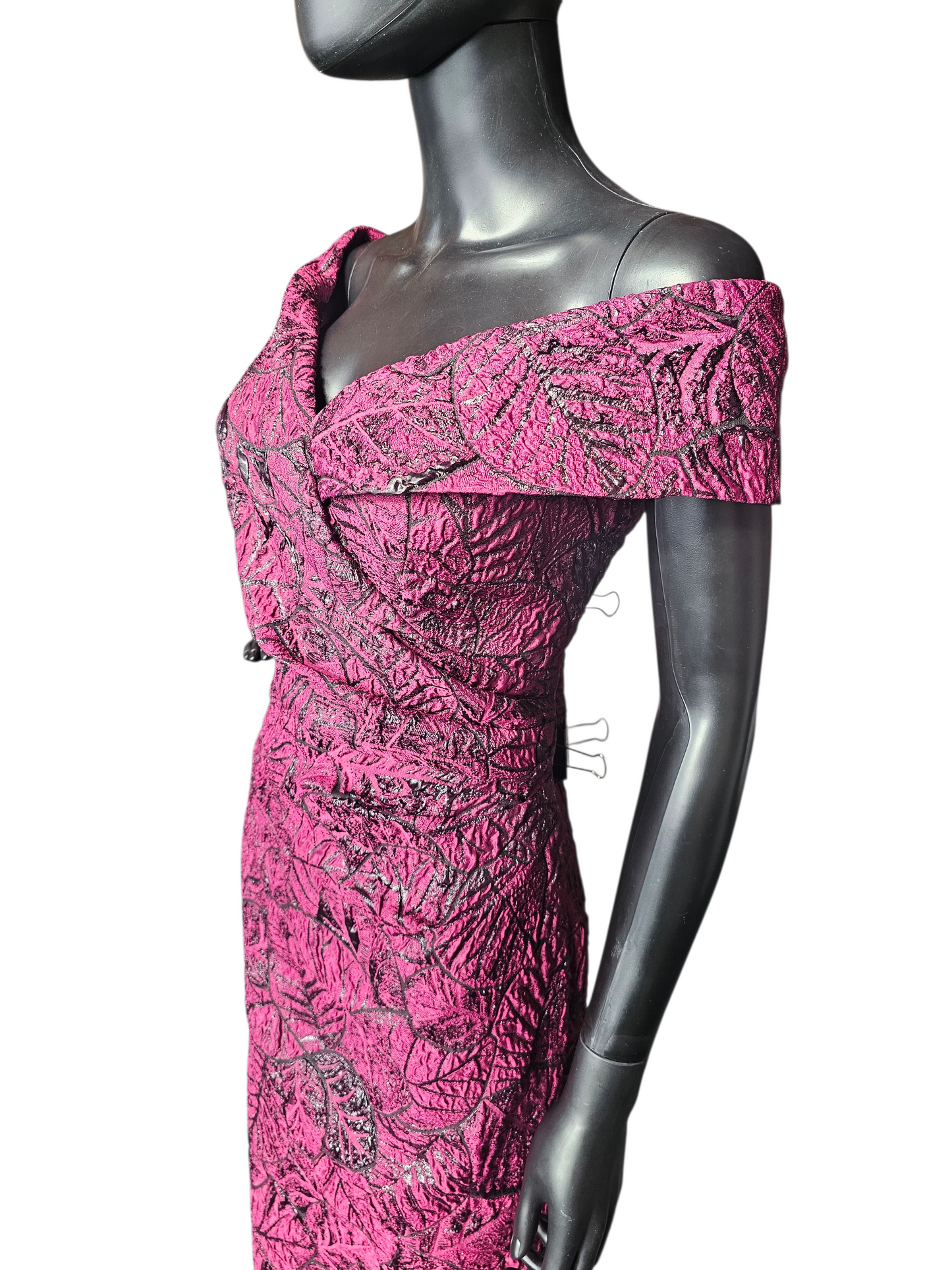 Red/Black Leaf Pattern Jacquard Off Shoulder Formal Dress - Teri Jon