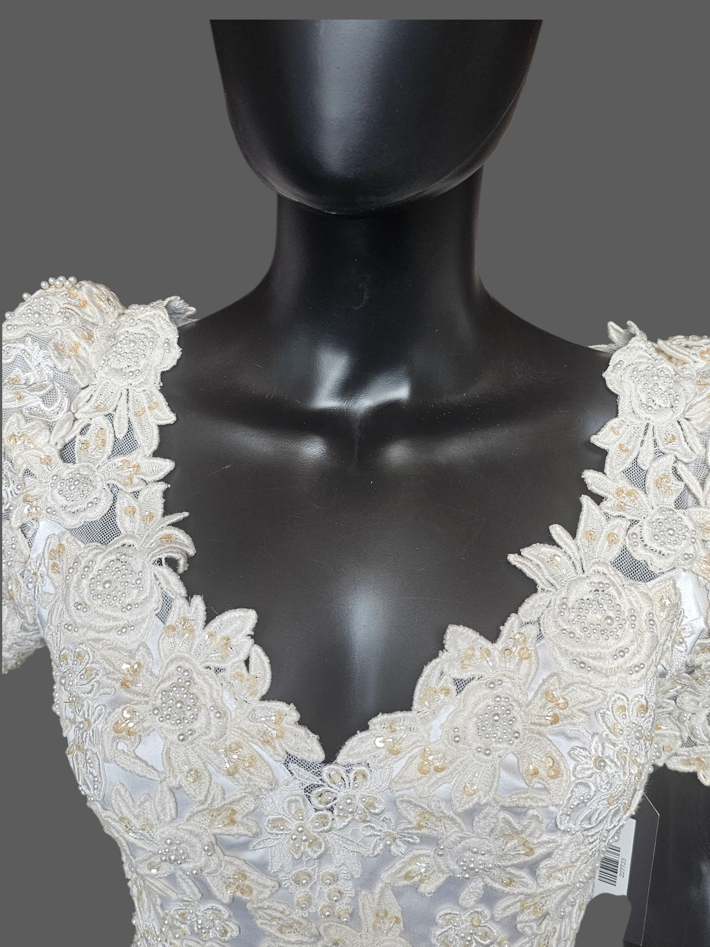 Vintage White Embroidered Cap Sleeve N-Neck Wedding Gown - Modest