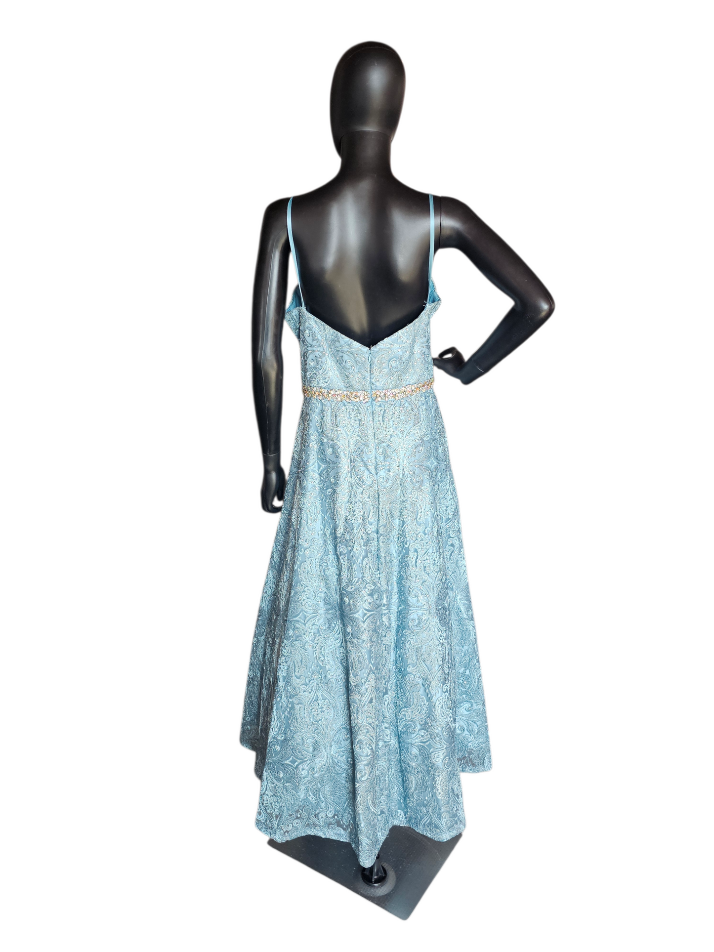 Steel Blue Lace Belted Plunge A-line Formal Dress - LA Merchandise