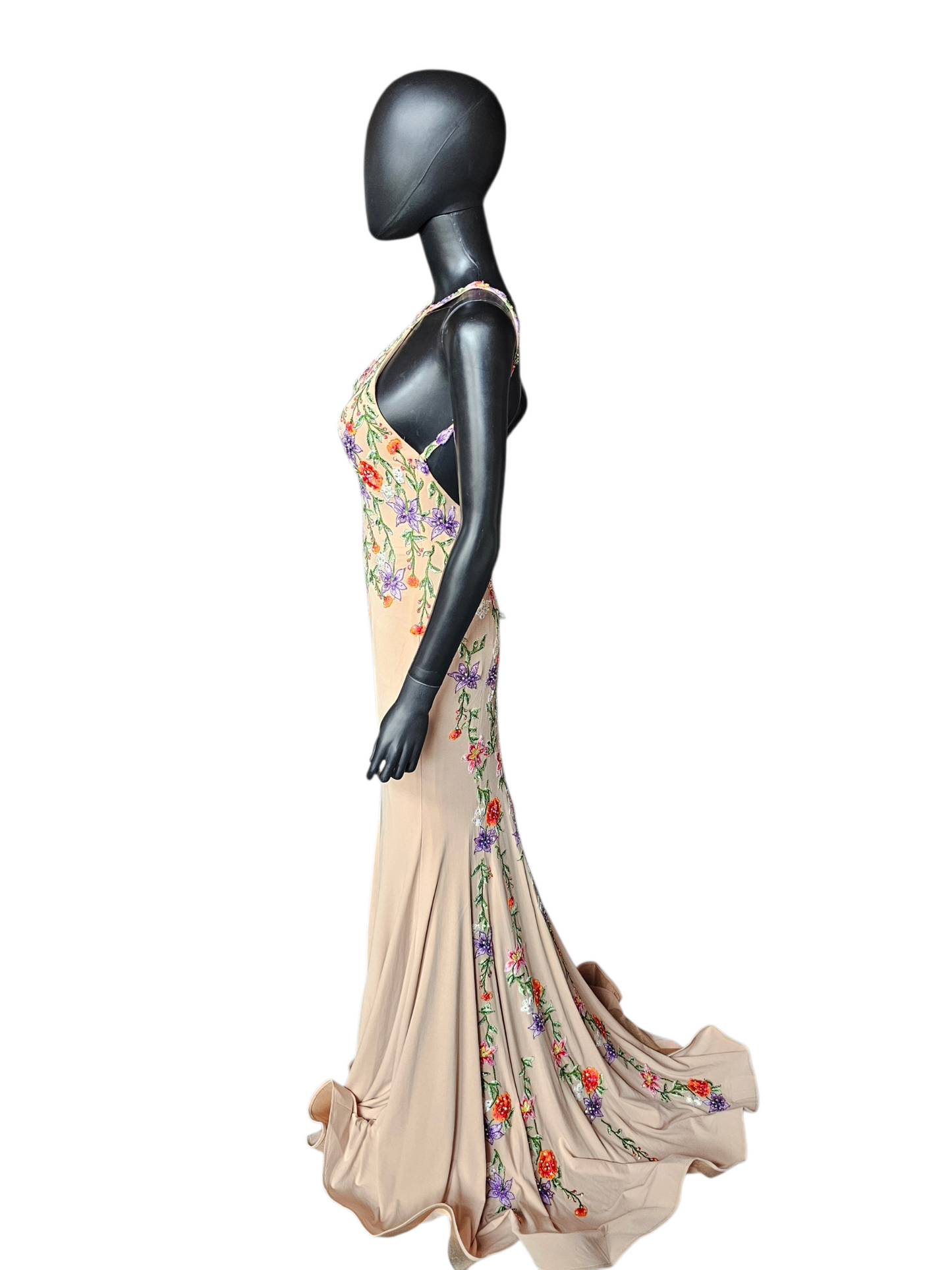 Nude/Multi Floral Halter Stretch Jersey Fit/Flare Formal Dress NWT - Jovani