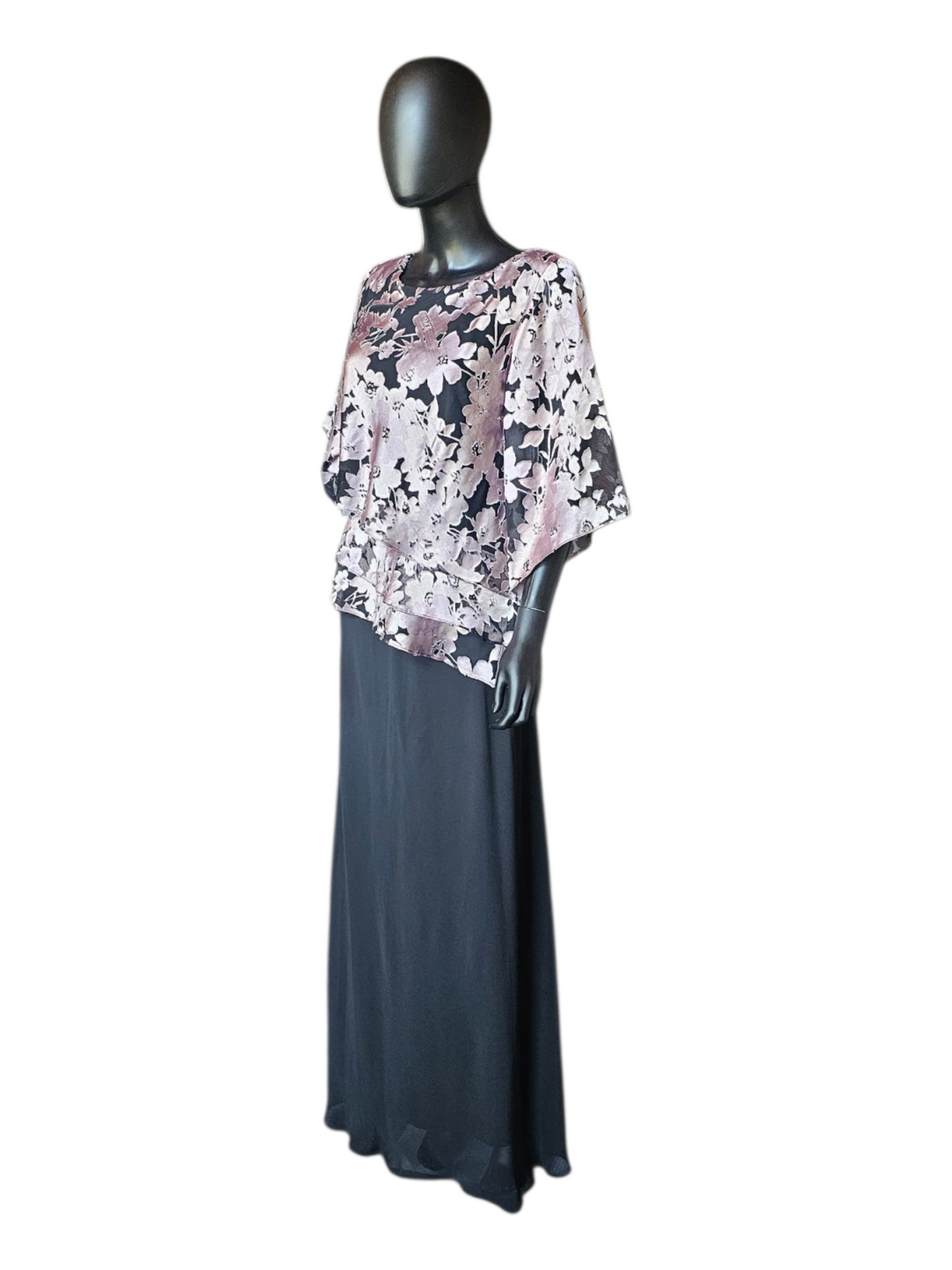 Lavender/Black Floral 3/4 Sleeve 2 Piece Chiffon Shirt And Skirt Moms Outfit- Alex Evenings