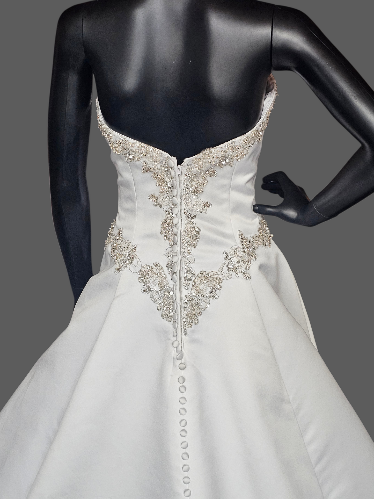 White Satin Basque Waist Strapless Sweetheart Wedding Gown - Mori Lee