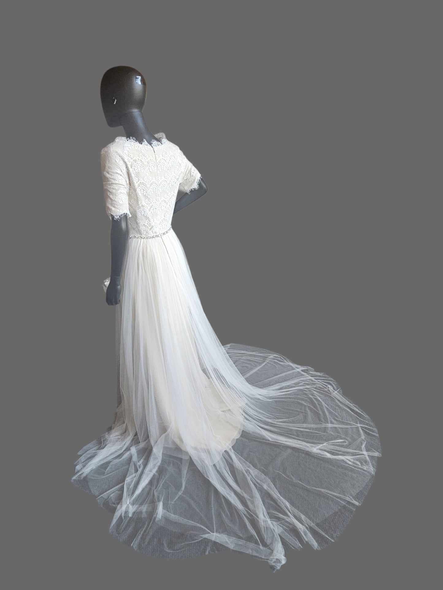 Nude/Lace 1/2 Sleeve Modest Aline Wedding Gown - Rebecca Ingram