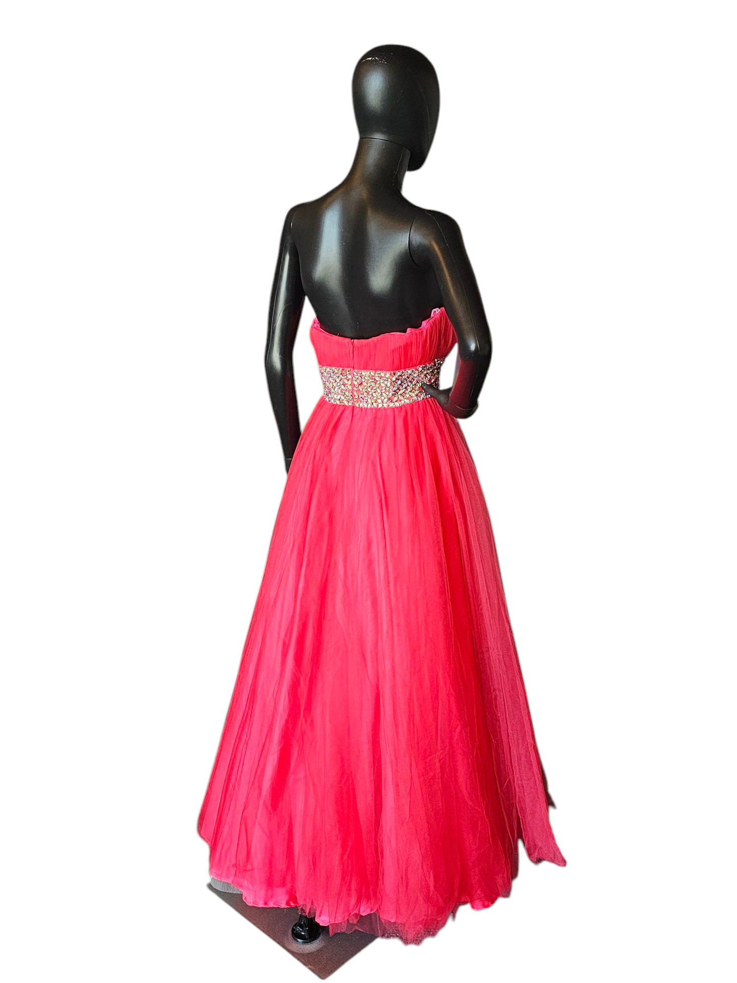 Pink/Coral Tulle Crystal A-line Formal Gown