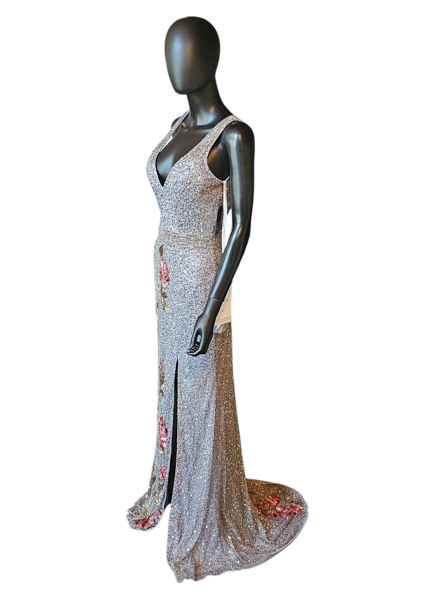Pewter/Gold/Rose Fully Beaded V-Neck Fitted Maxi Formal/Gala/Prom Dress - Primavera