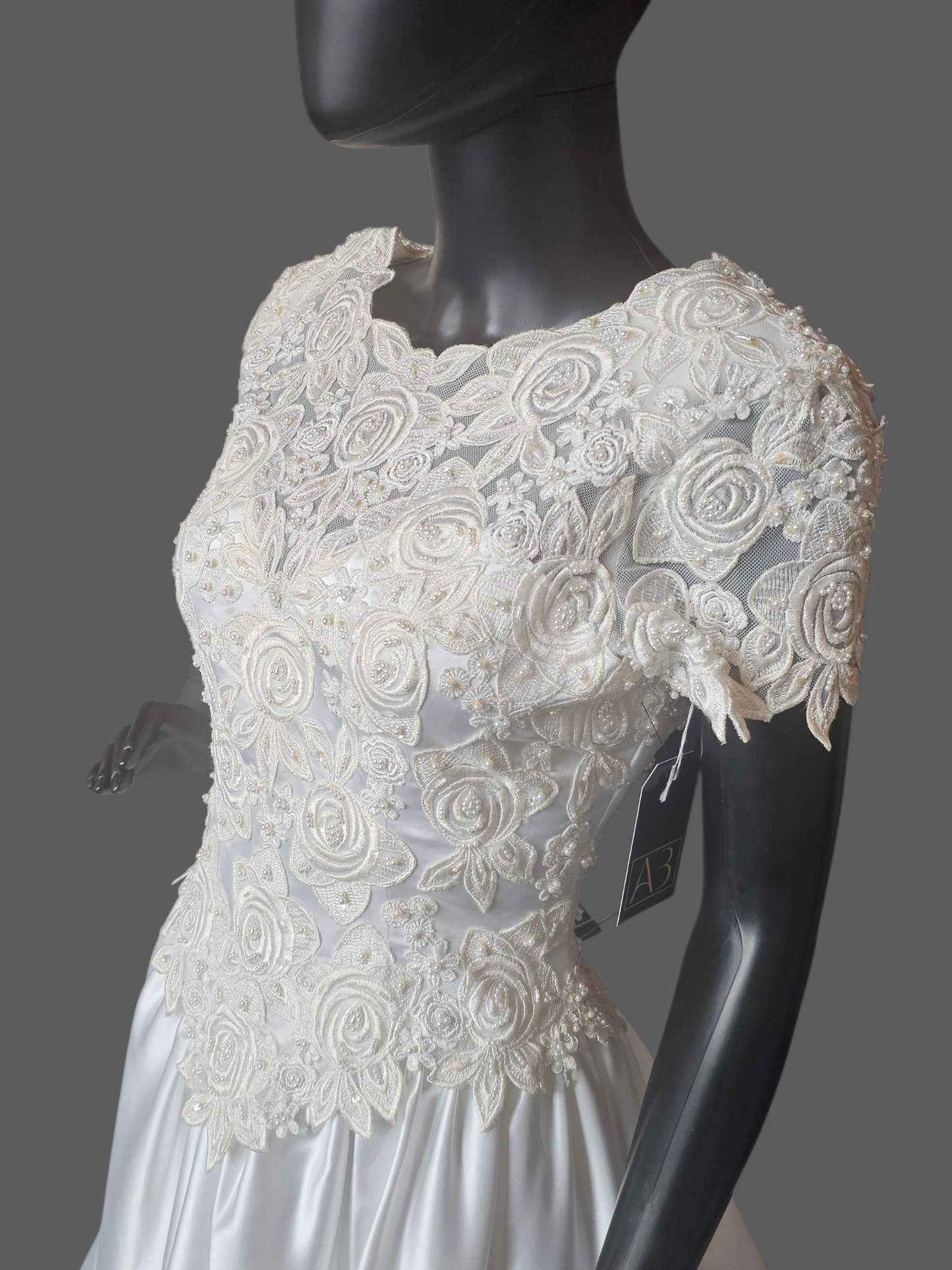 Vintage White Satin Embroidered Cap Sleeve Wedding Gown - Modest