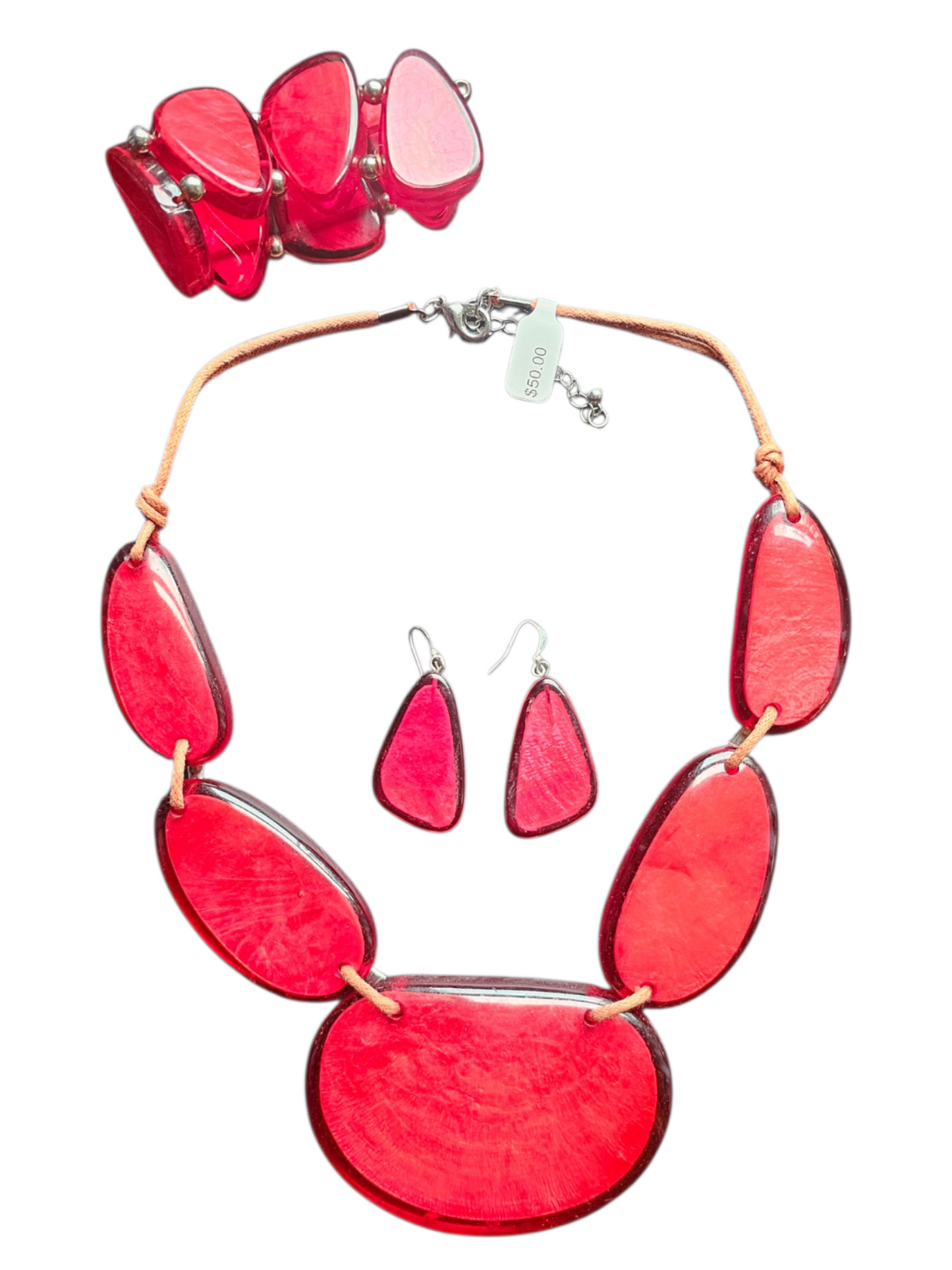 Vintage Large Red Abstract Polished Resin Necklace/Earrings/Bracelet Set