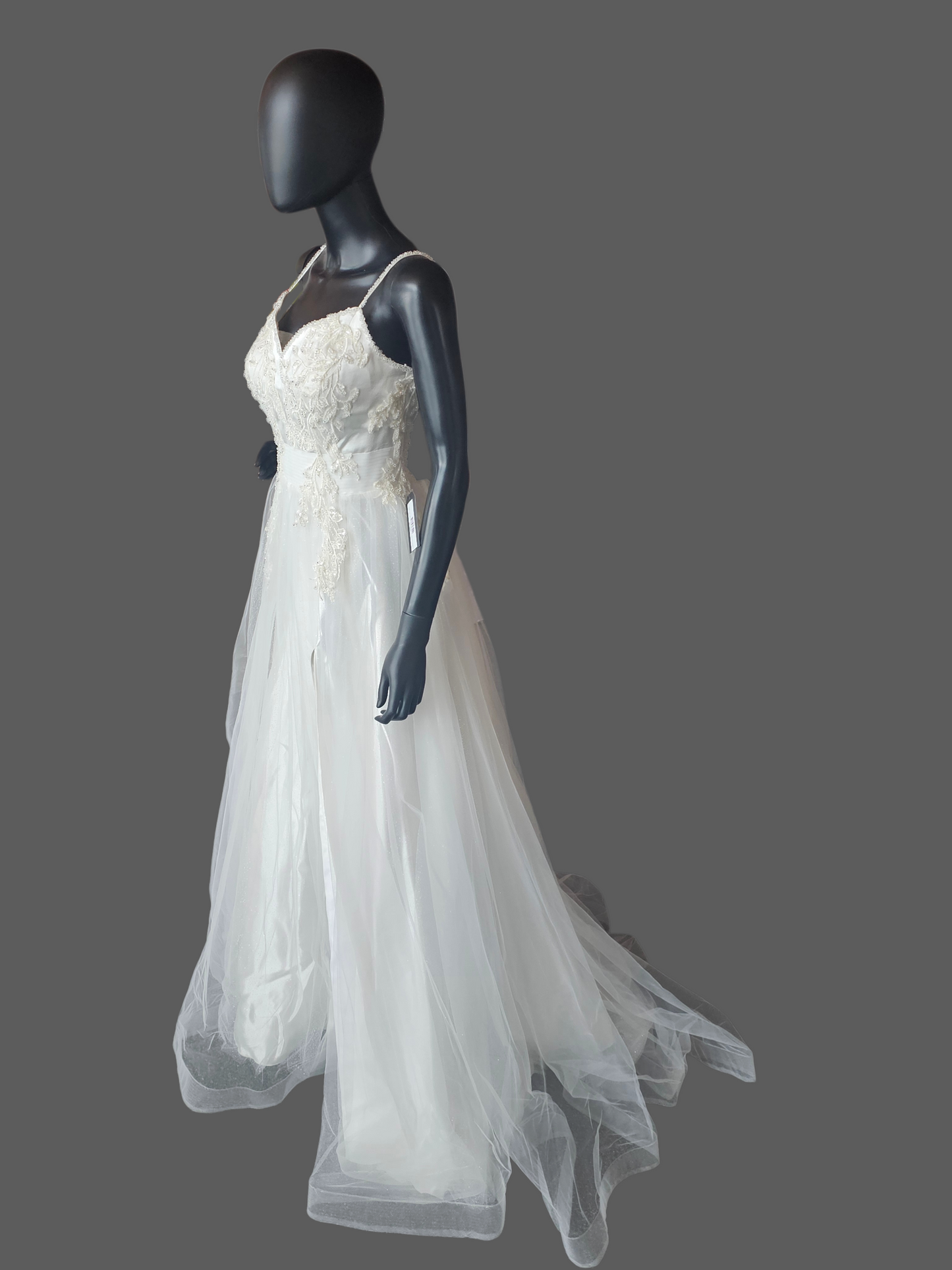 Spaghetti Strap Ivory Floral Embroidered Side Slit Wedd8ng Gown - Di La Sena