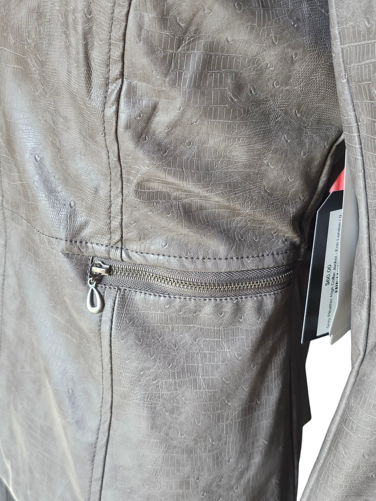 Grey Pleather High Collar Alligator Print Jacket NWT - Erin London