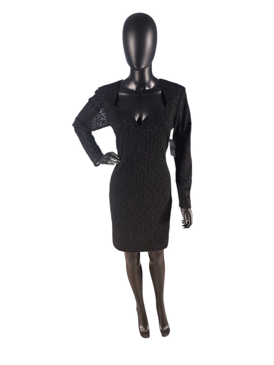 Vintage Black Sparkle Detail Long Sleeve Cocktail Dress