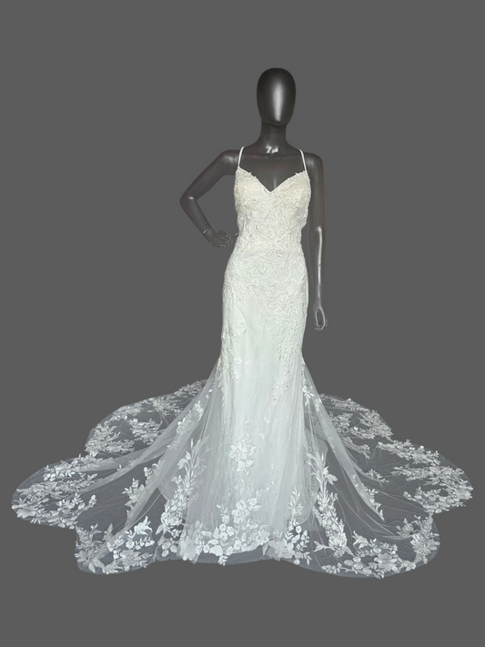 Ivory Fitted Spaghetti Strap Plunge Scallop Train Wedding Gown - Stella Couture