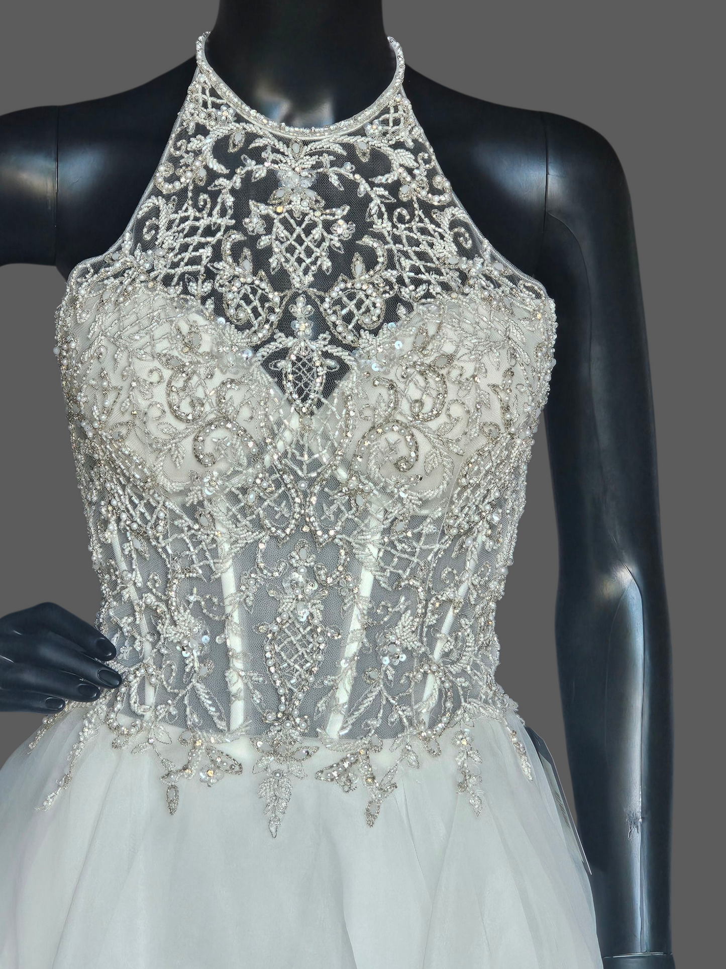 Ivory Horsehair Tiered Illusion Halter A-line NWOT Wedding Gown - Mori Lee