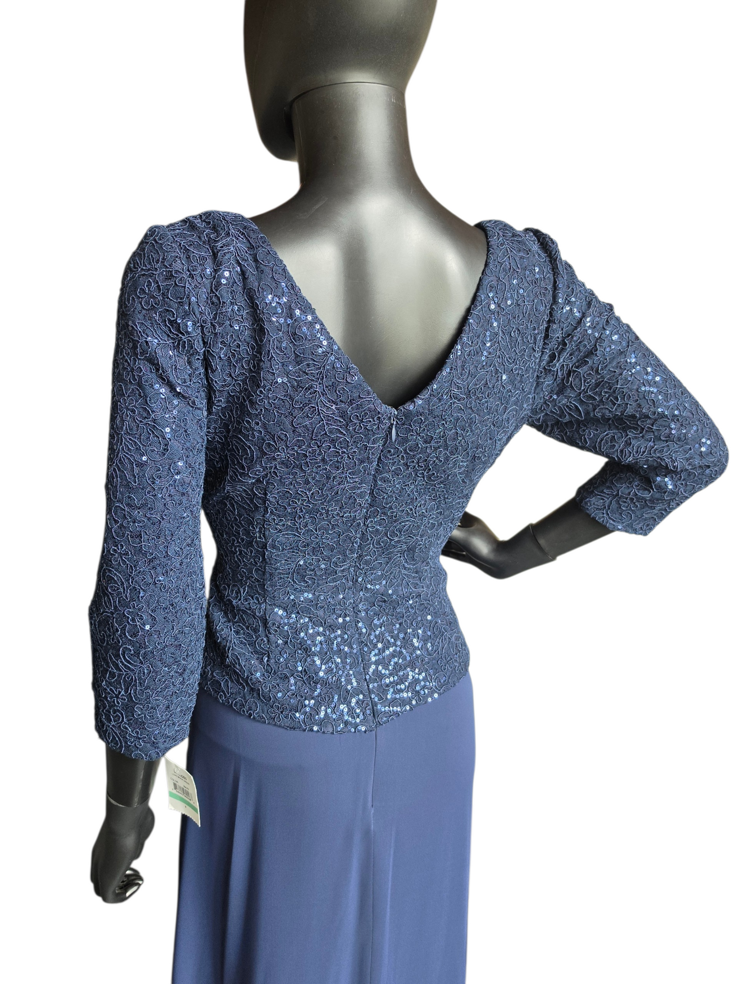 Navy Chiffon Basque Waist Sequin Long Sleeve Scoop Neck Formal/Moms Dress - Alex Evenings
