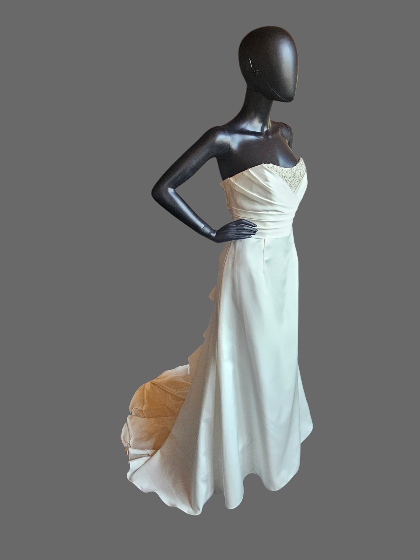 Cream Silky Satin Strapless Beaded Side Sweep Wedding Gown - Alfred Angelo