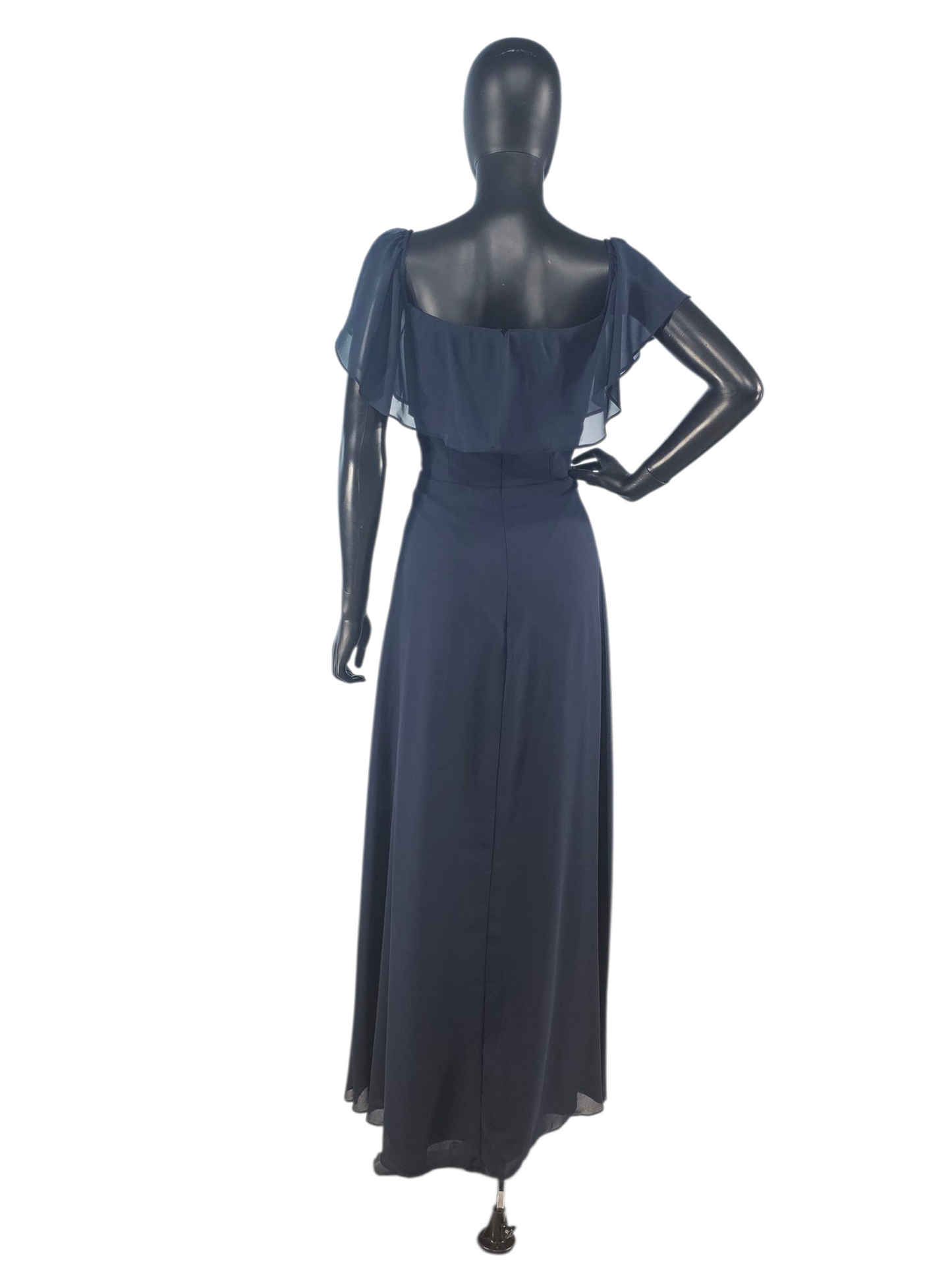 Navy Chiffon Flutter Sleeve Formal Dress - Bill Levkoff