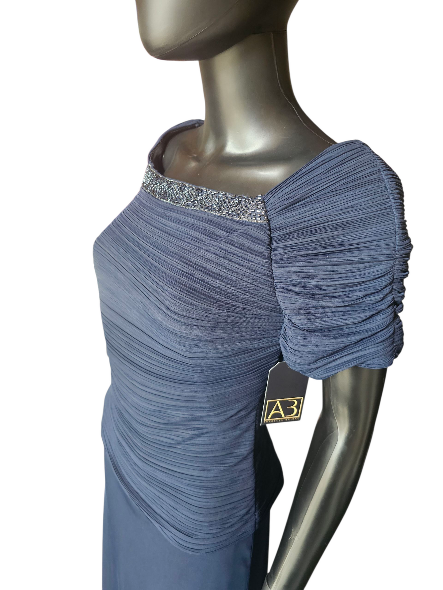 Navy Shirred Cap Sleeve Formal Dress