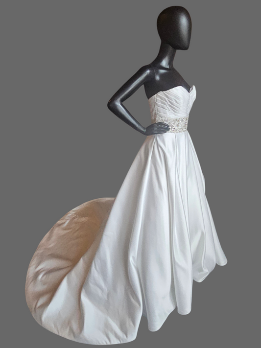 White Satin Box Pleat Crystal Waist Wedding Gown - Mori Lee