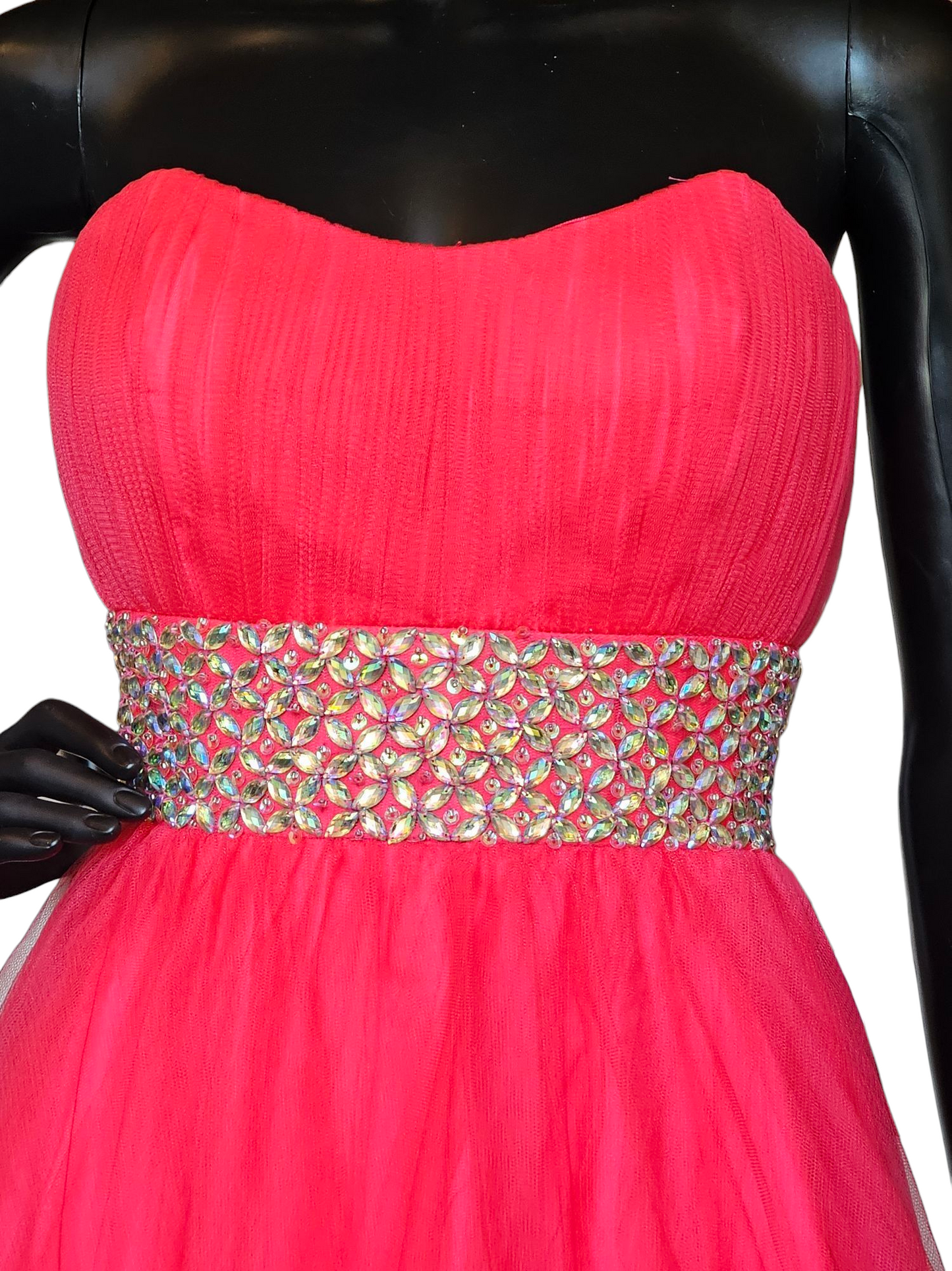 Pink/Coral Tulle Crystal A-line Formal Gown