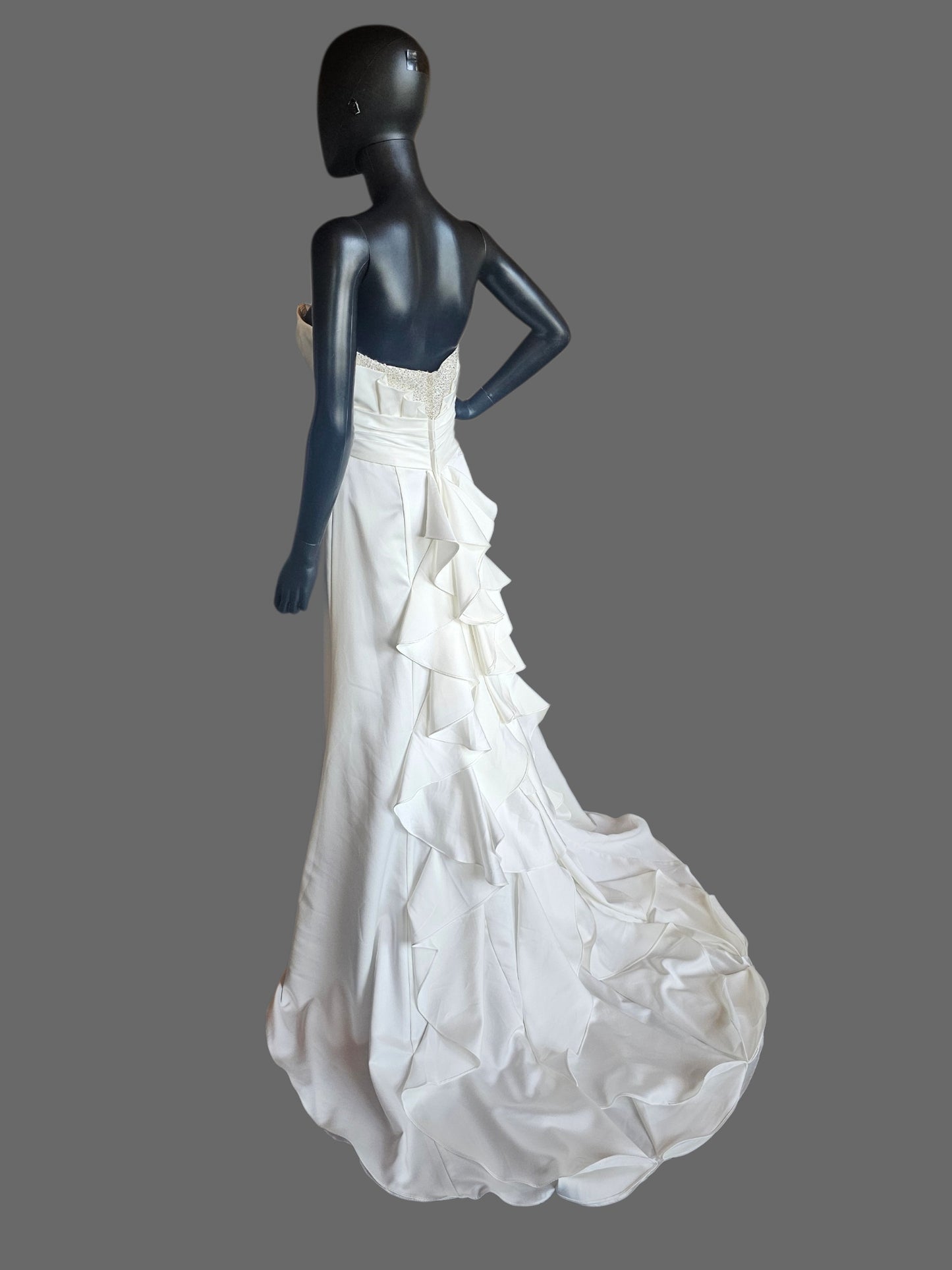 Cream Silky Satin Strapless Beaded Side Sweep Wedding Gown - Alfred Angelo