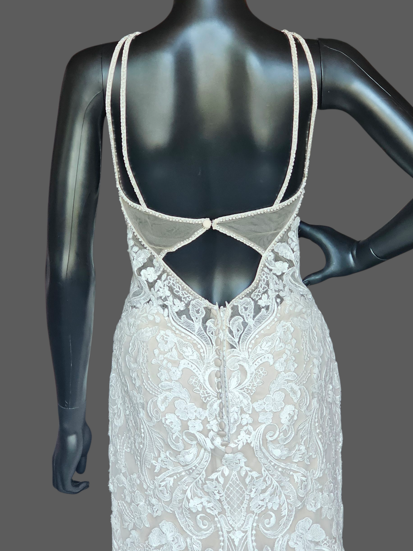 Ivory/Cappuccino Lace Halter Fit/Flare Scallop Train Wedding Gown - Mori Lee