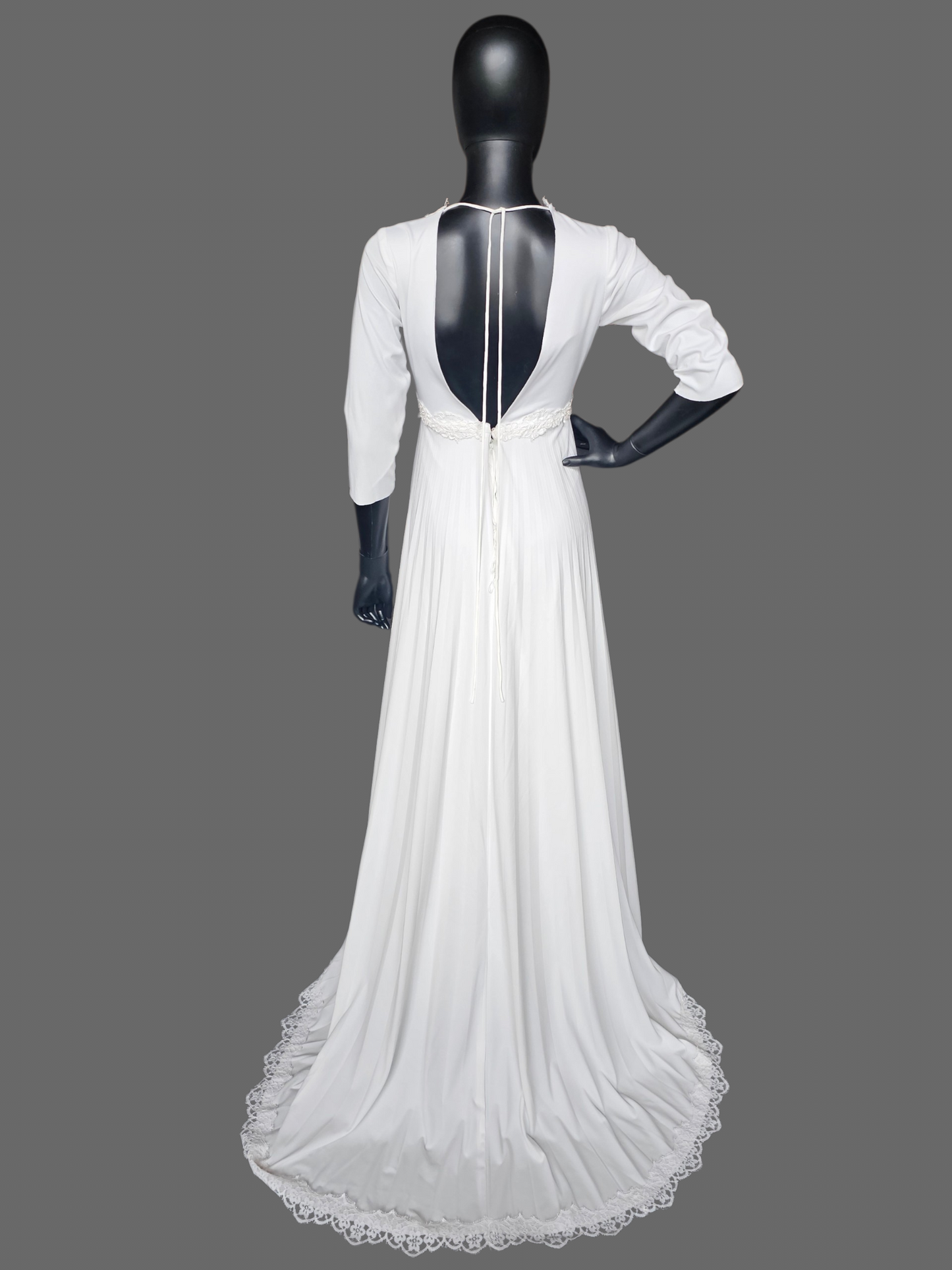 Vintage White 3/4 Sleeve Jersey Lace Detail V-Neck Wedding Gown - Renewal