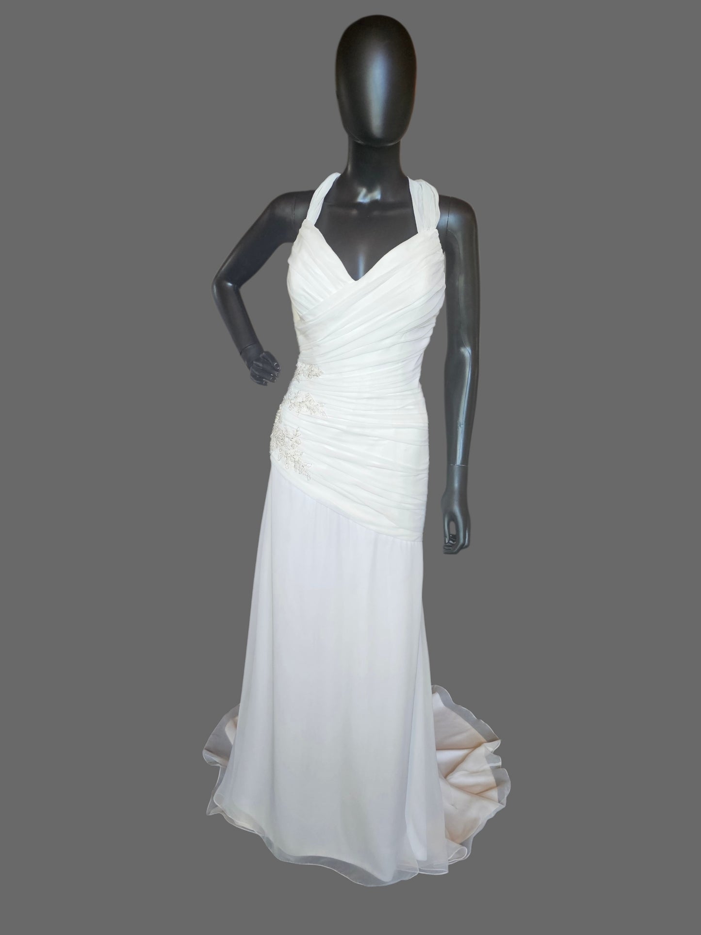 Chiffon Halter Asymmetrical Fit/Flare Beaded Applique - Private Label
