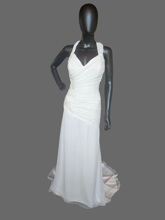 Chiffon Halter Asymmetrical Fit/Flare Beaded Applique - Private Label