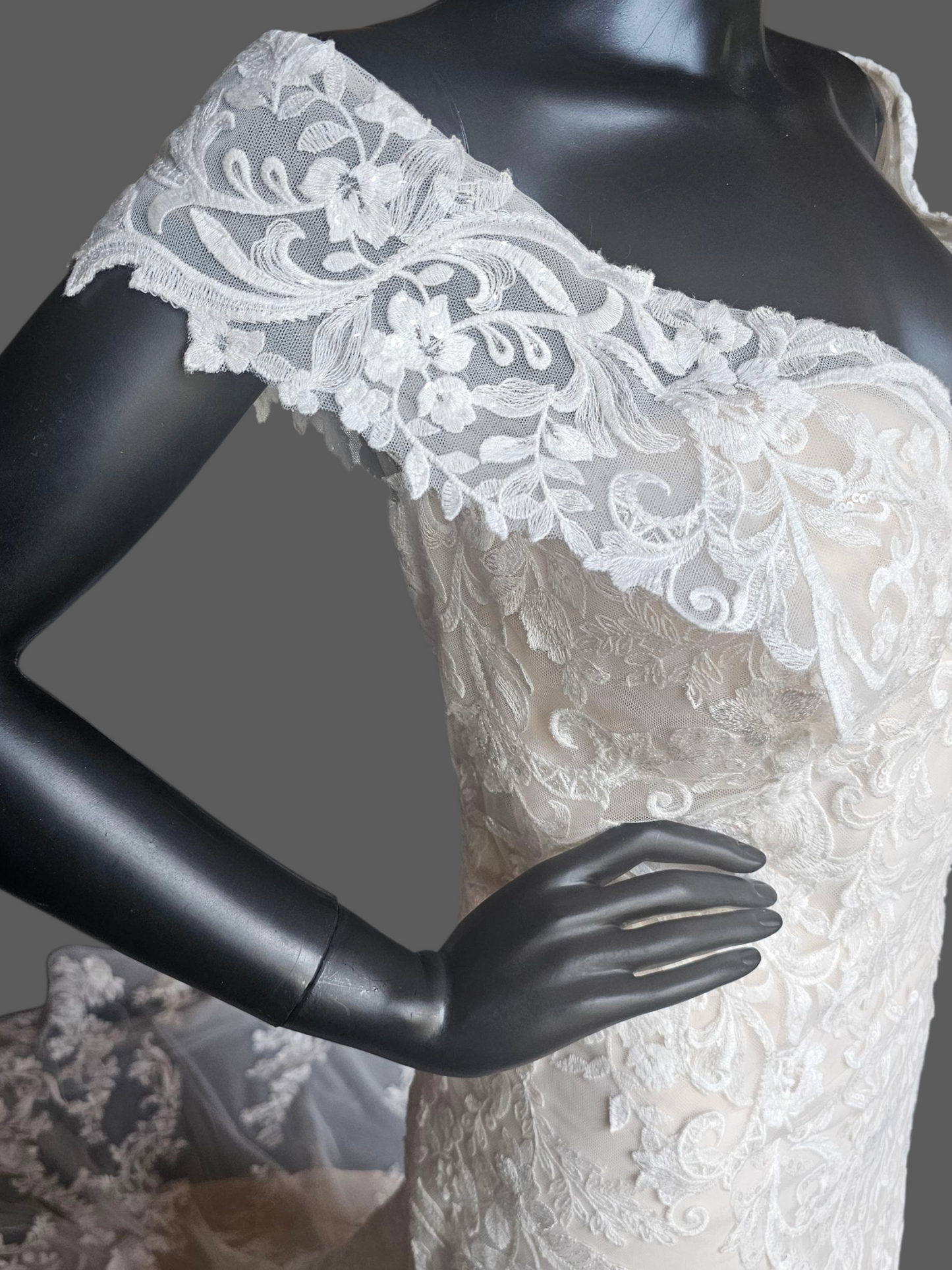 Ivory/Champagne Lace Off Shoulder/Portrait Collar Wedding Gown - Mori Lee