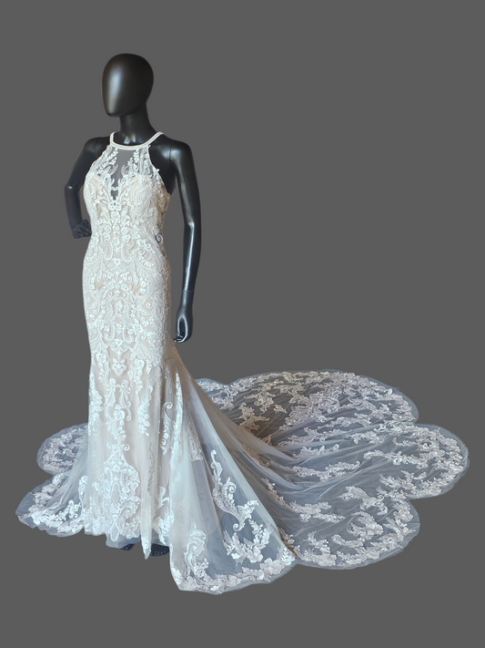 Ivory/Cappuccino Lace Halter Fit/Flare Scallop Train Wedding Gown - Mori Lee