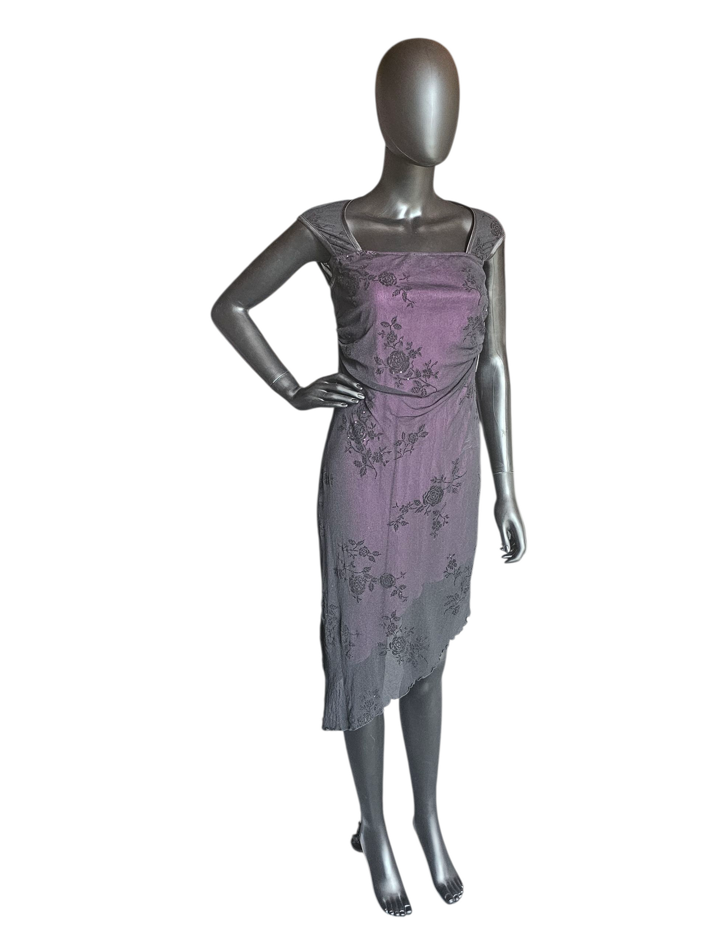 Mid Length Dress Asymetrical Black Overlay W/Purple Rose Burnout NWT - Moda