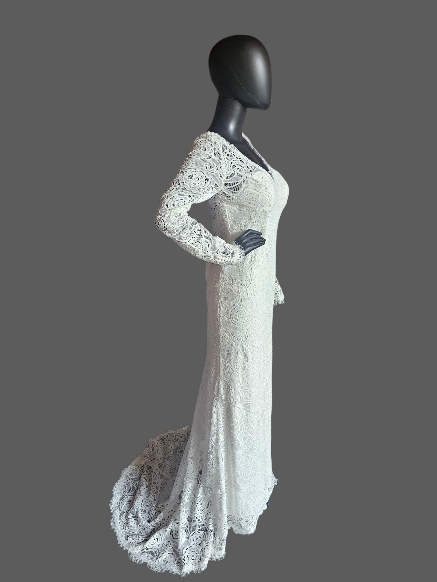 Ivory Long Sleeve Lace Fit/Flare Wedding Gown - DB Bridal