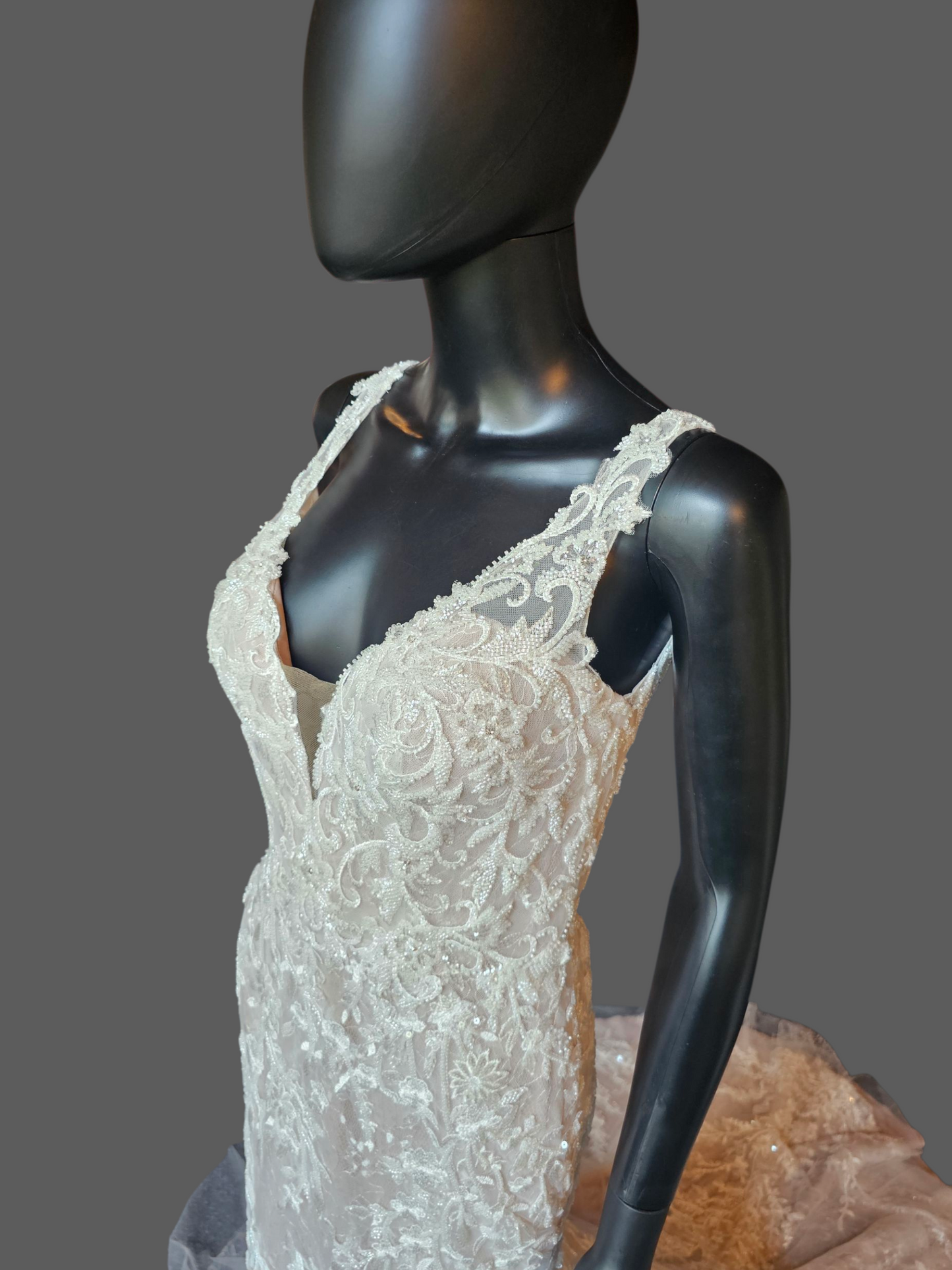 Ivory/Latte Beaded Lace Illusion Back Plunge Fit and Flare Wedding Gown - Da Vinci